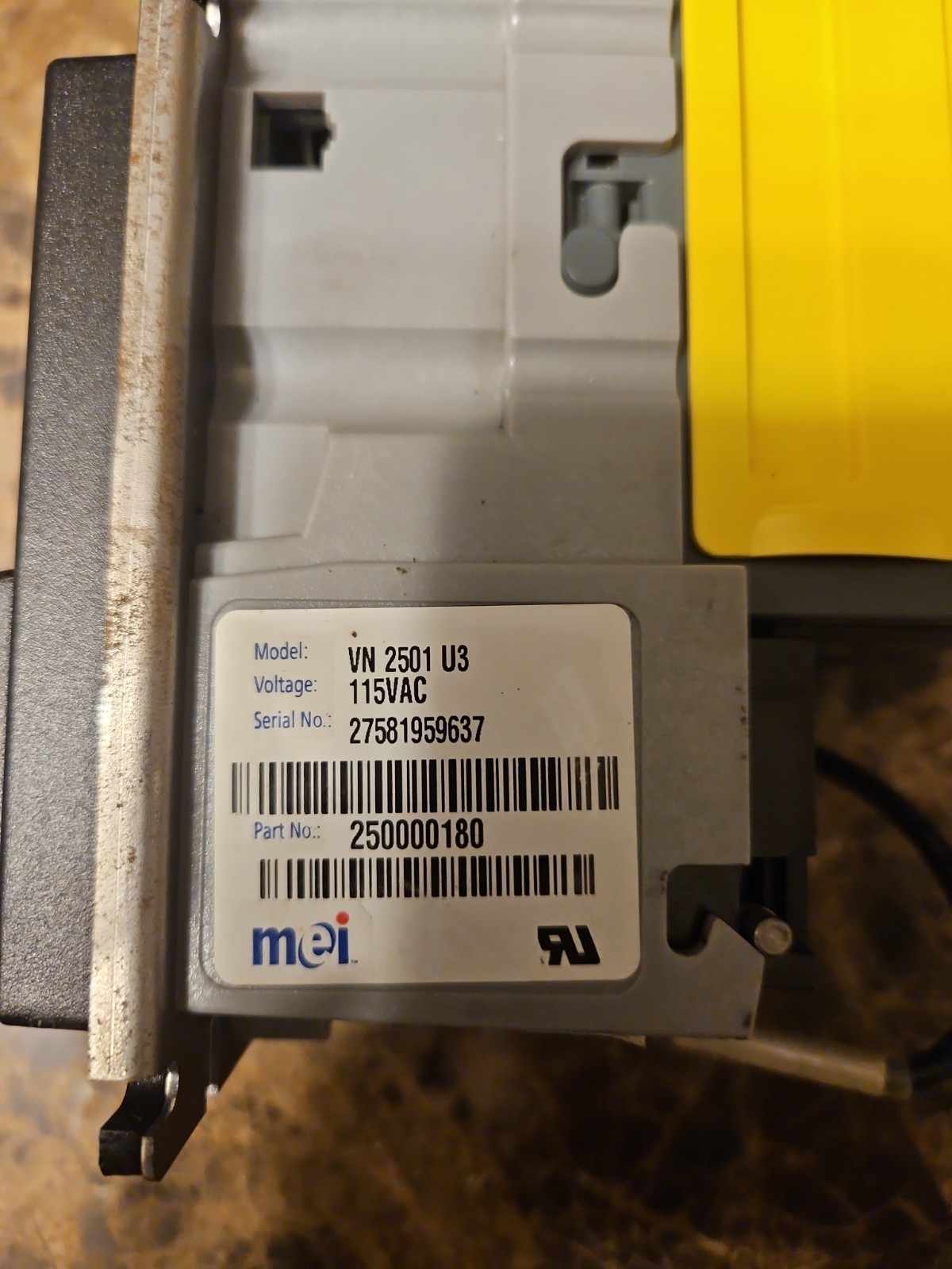 Mars MEI VN 2501 U3 BILL VALIDATOR ACCEPTOR 115VAC. $1-$5. REFURBISHED