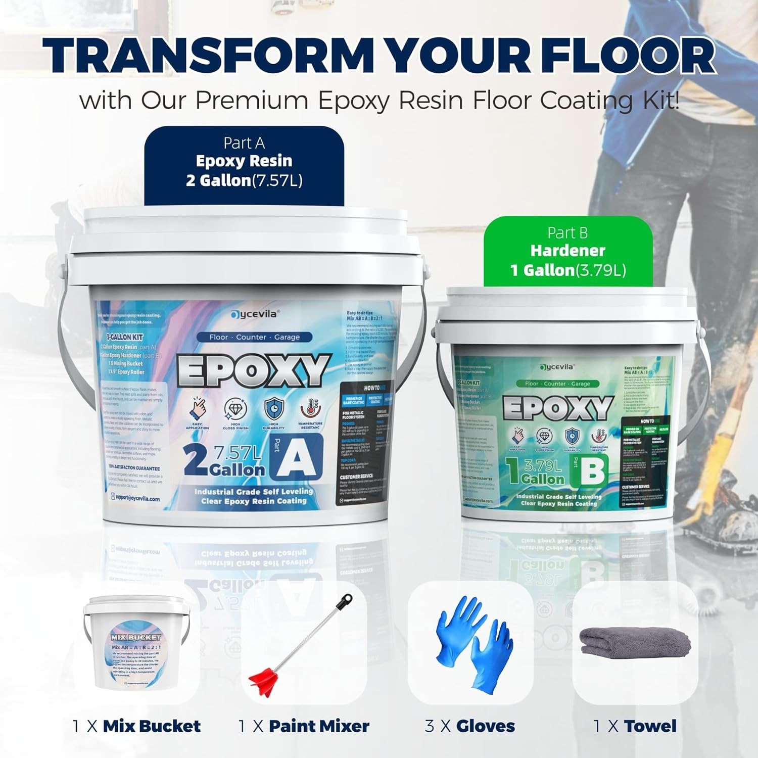 3 Gallon 100% Solids Industrial Epoxy Floor Coating Kit – Self-Leveling, High…
