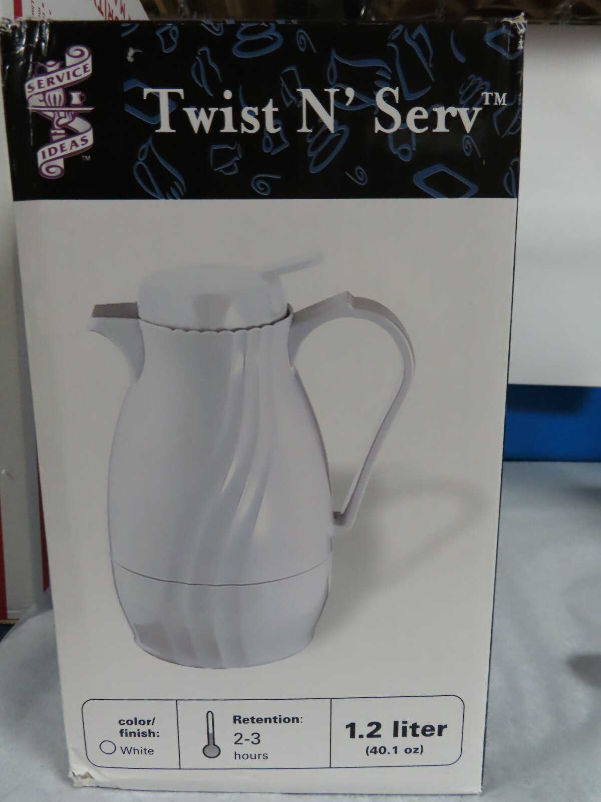 NISB TWIST N’ SERV WHITE 40.1 OZ. KEEPS LIQUIDS HOT OR COLD FOR 2-3 HOURS.