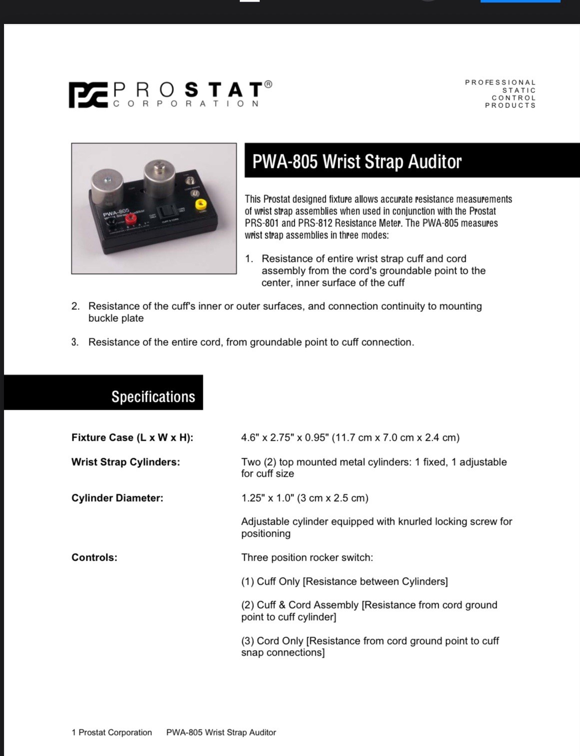 Prostat PRS-801, Wrist Strap Auditor, Resistance Stm, Weights, Static Decay Time