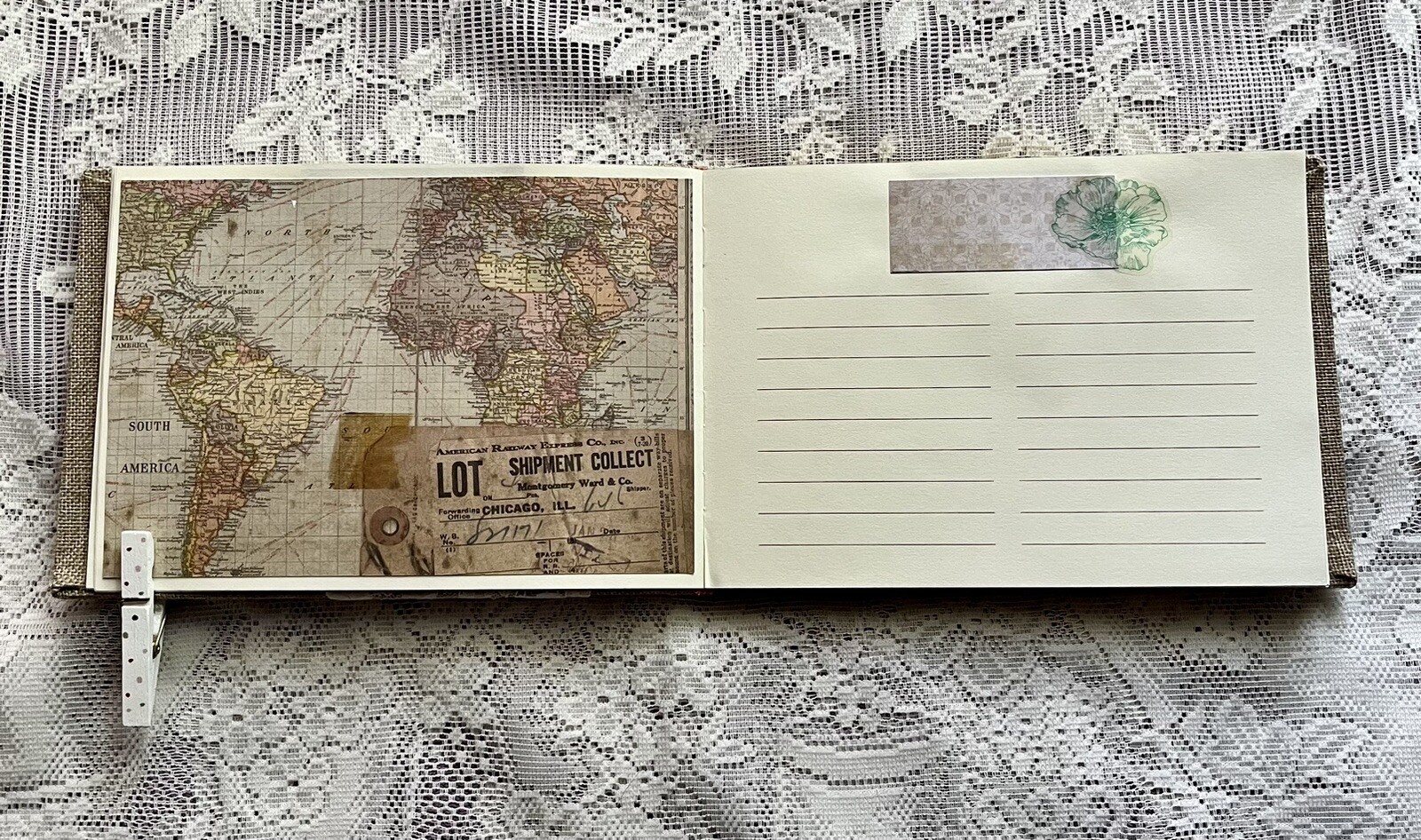 junk journal hand made canvas lace raffia bow 6 1/2 x 9 1/4 in. approx 80 pgs.