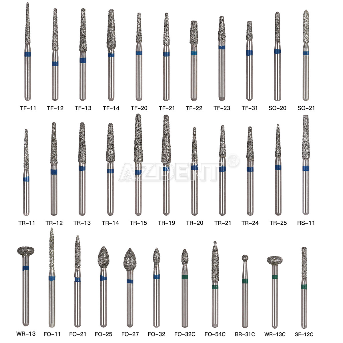 100Size AZDENT Dental Diamond Burs High Speed Handpiece Friction Grip 5Pc/Box