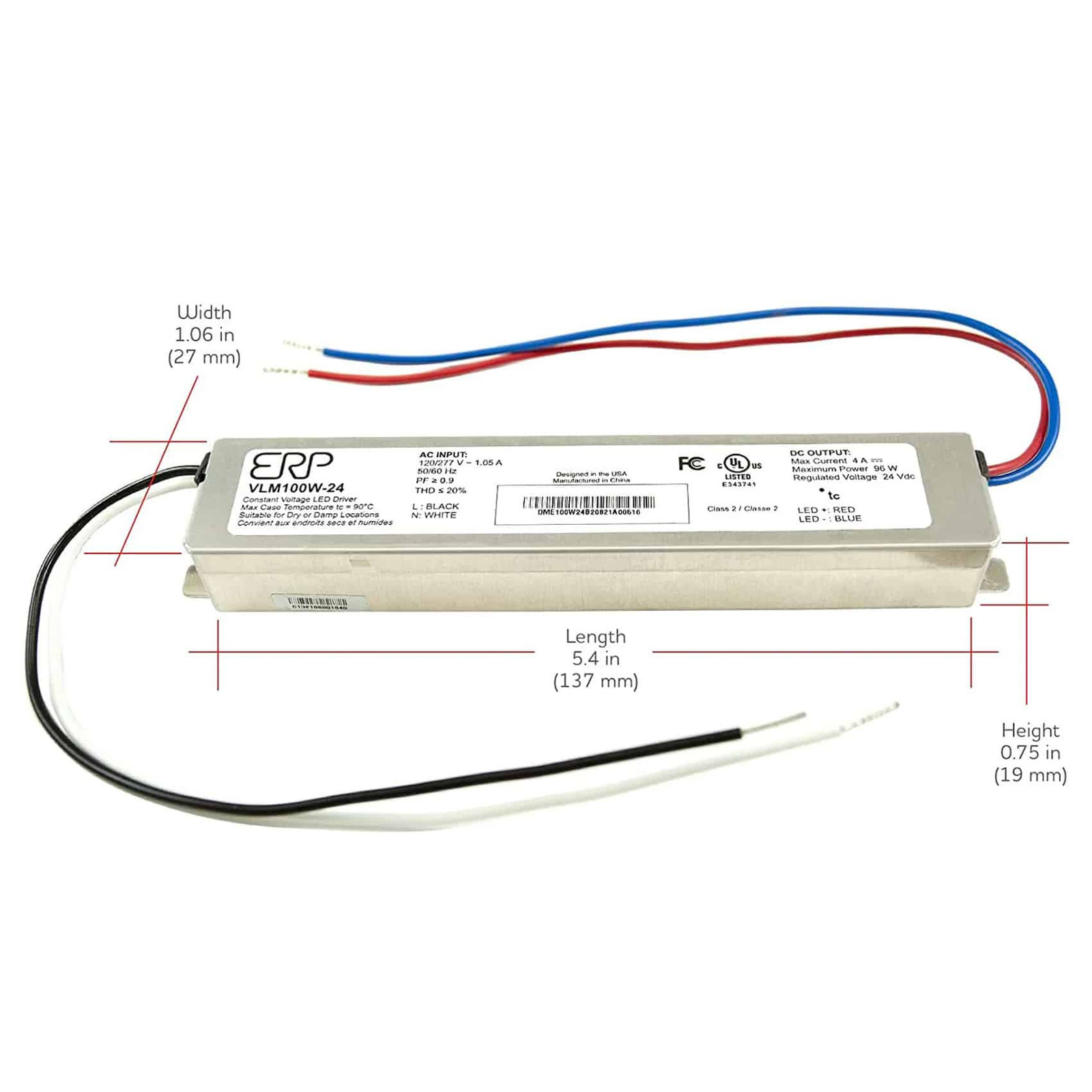 ERP VLM100W-24 Constant Voltage DC Compact LED Driver 24V 4A 96W UL Class P