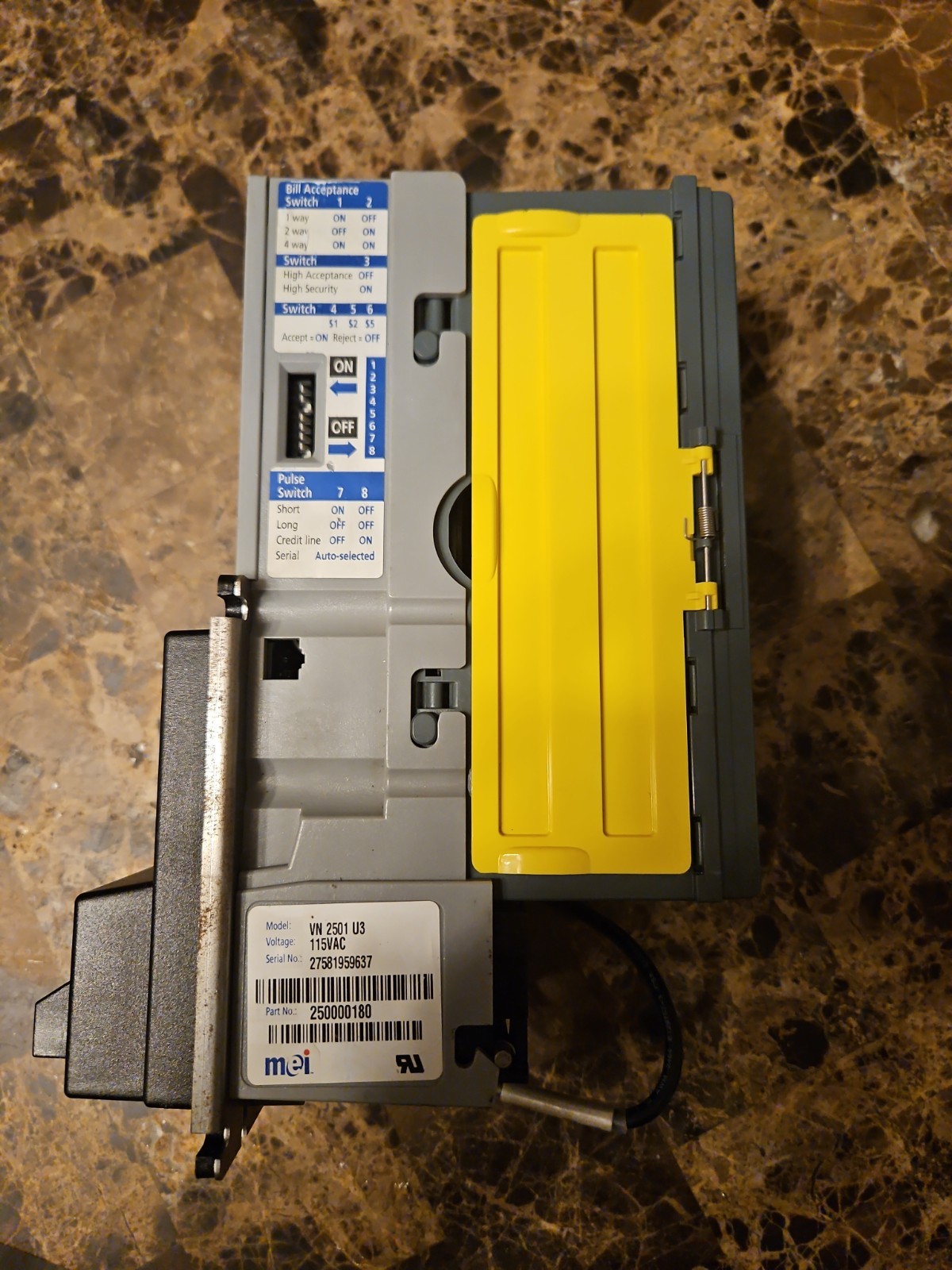 Mars MEI VN 2501 U3 BILL VALIDATOR ACCEPTOR 115VAC. $1-$5. REFURBISHED