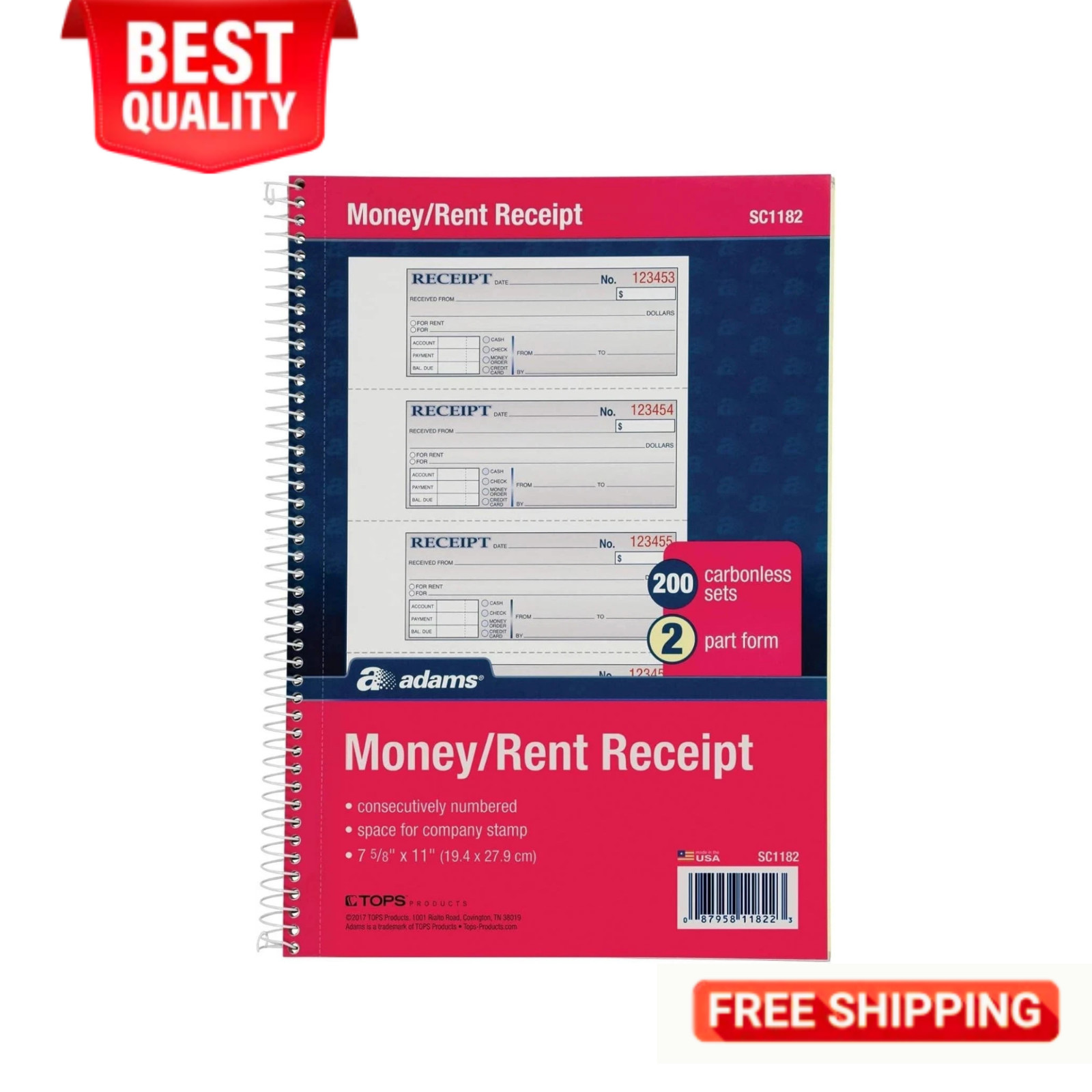 Money and Rent Receipt Book, 2-Part Carbonless, 7-5/8″ x 11″, Spiral Bound, 200