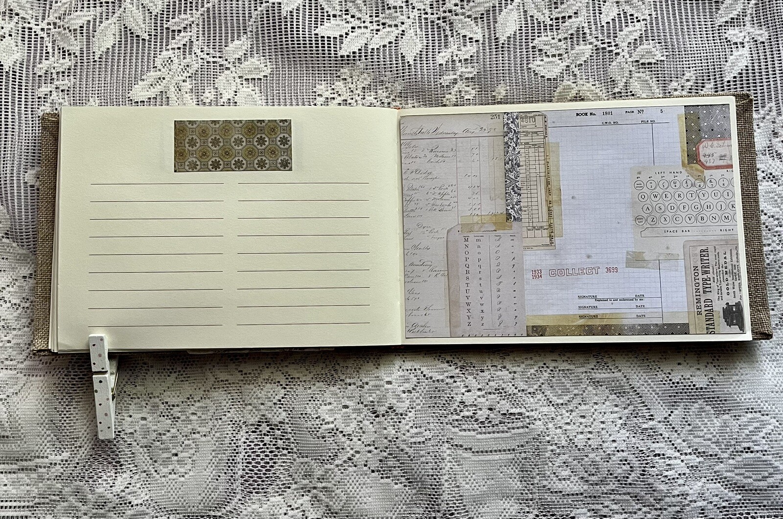 junk journal hand made canvas lace raffia bow 6 1/2 x 9 1/4 in. approx 80 pgs.
