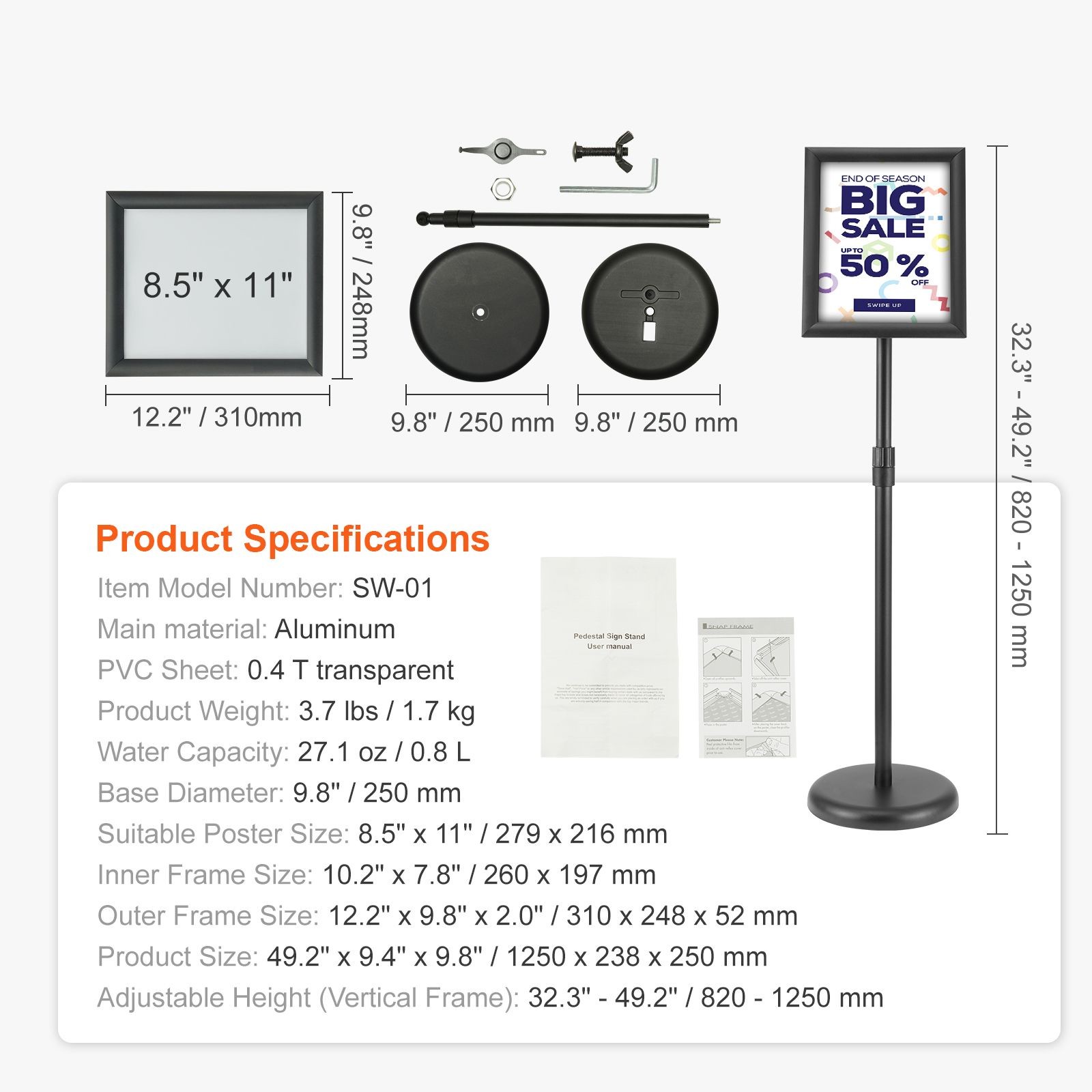 8.5x11in Floor Sign Stand: Adjustable Height, 360° Rotation, Sand/Water Base