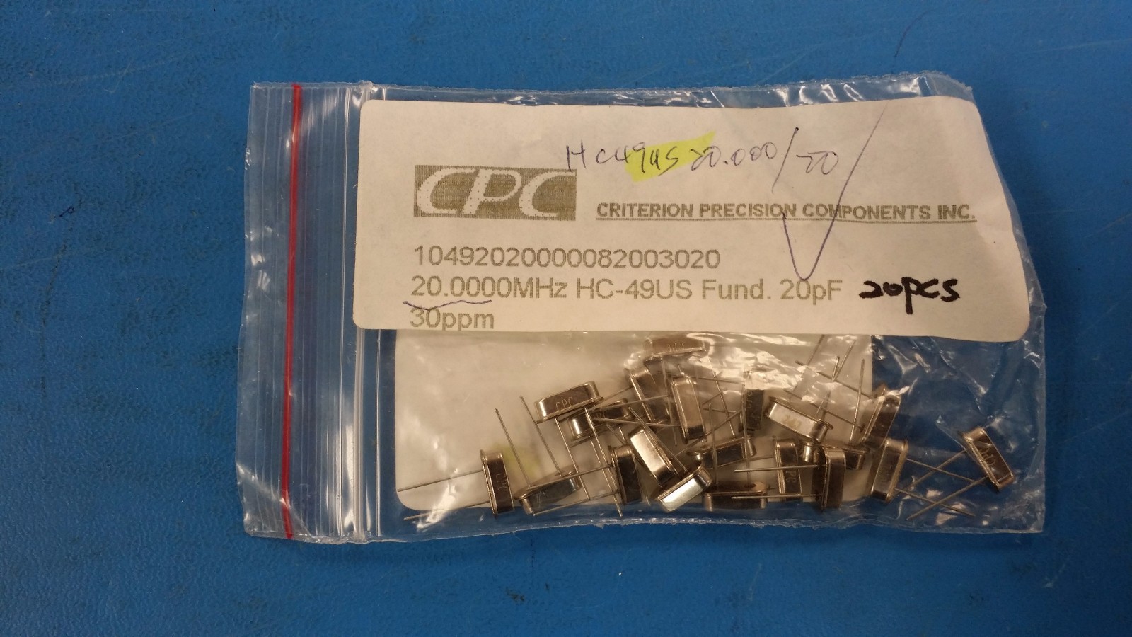 (10 PCS) HC-49US20.0000MHz, 20pf, Crystal, Criterion Precision Components