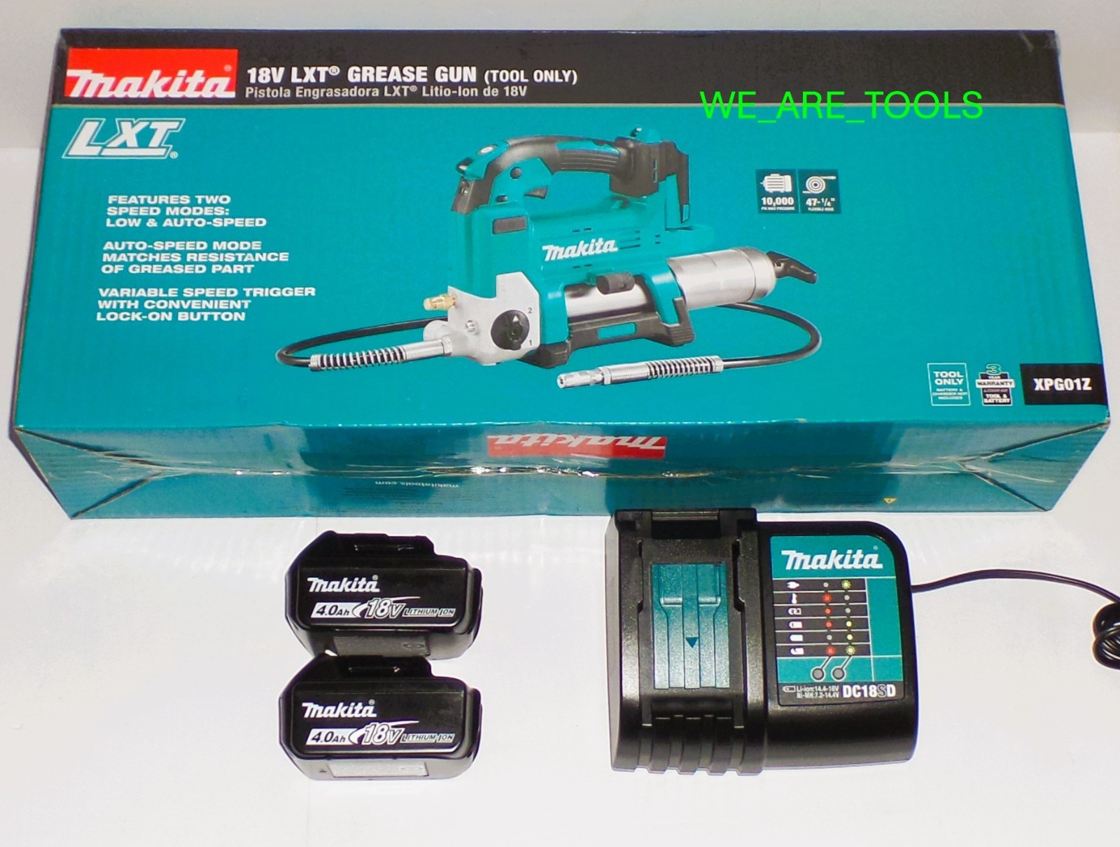 New Kit Makita 18V Cordless Grease Gun, 2) BL1840B 4.0Ah Battery, Charger