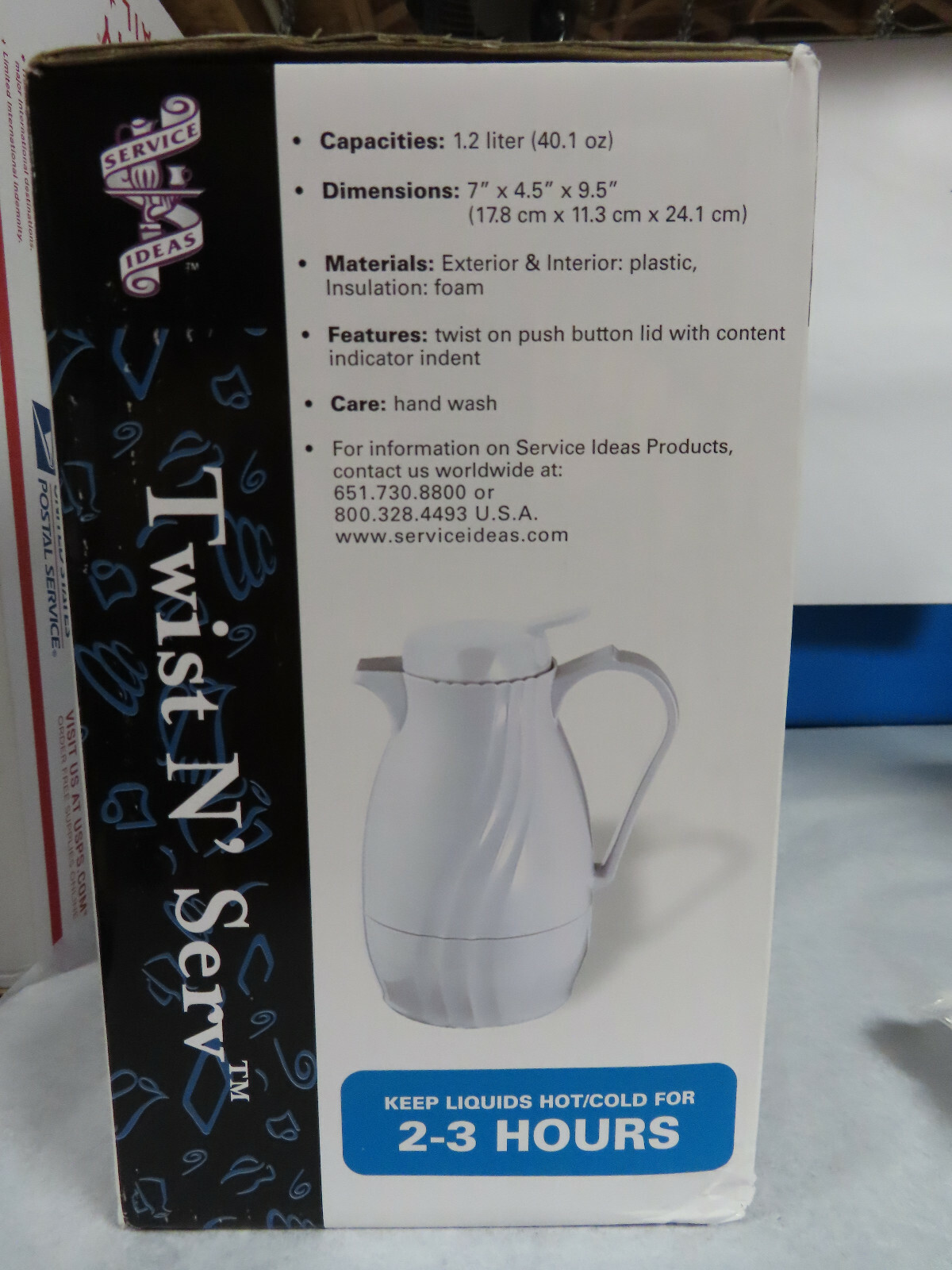 NISB TWIST N’ SERV WHITE 40.1 OZ. KEEPS LIQUIDS HOT OR COLD FOR 2-3 HOURS.