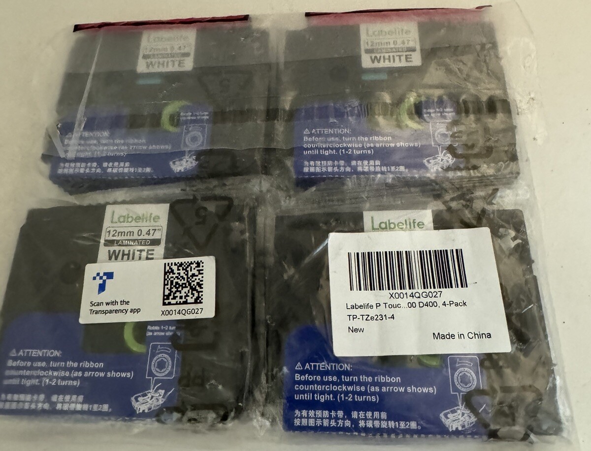 4PK 12mm .47” Label Tape Brother P-Touch TZ-231 TZe-231-4 Black Ink on White