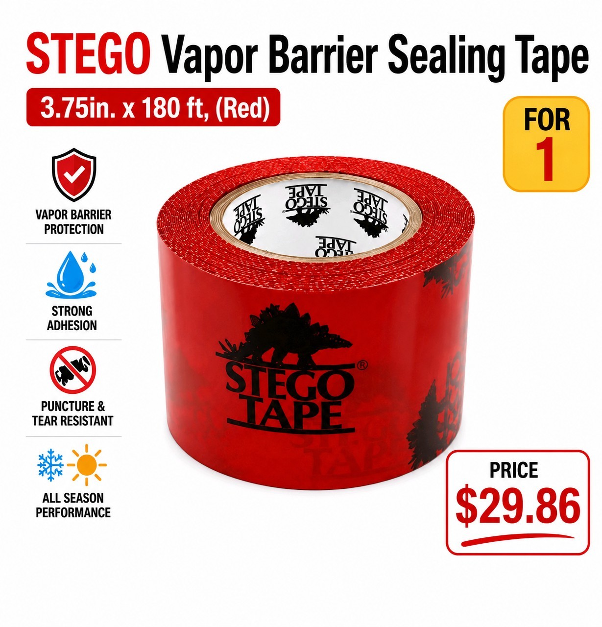 STEGO Vapor Barrier Sealing Tape 3.75in. x 180 ft, (Red)