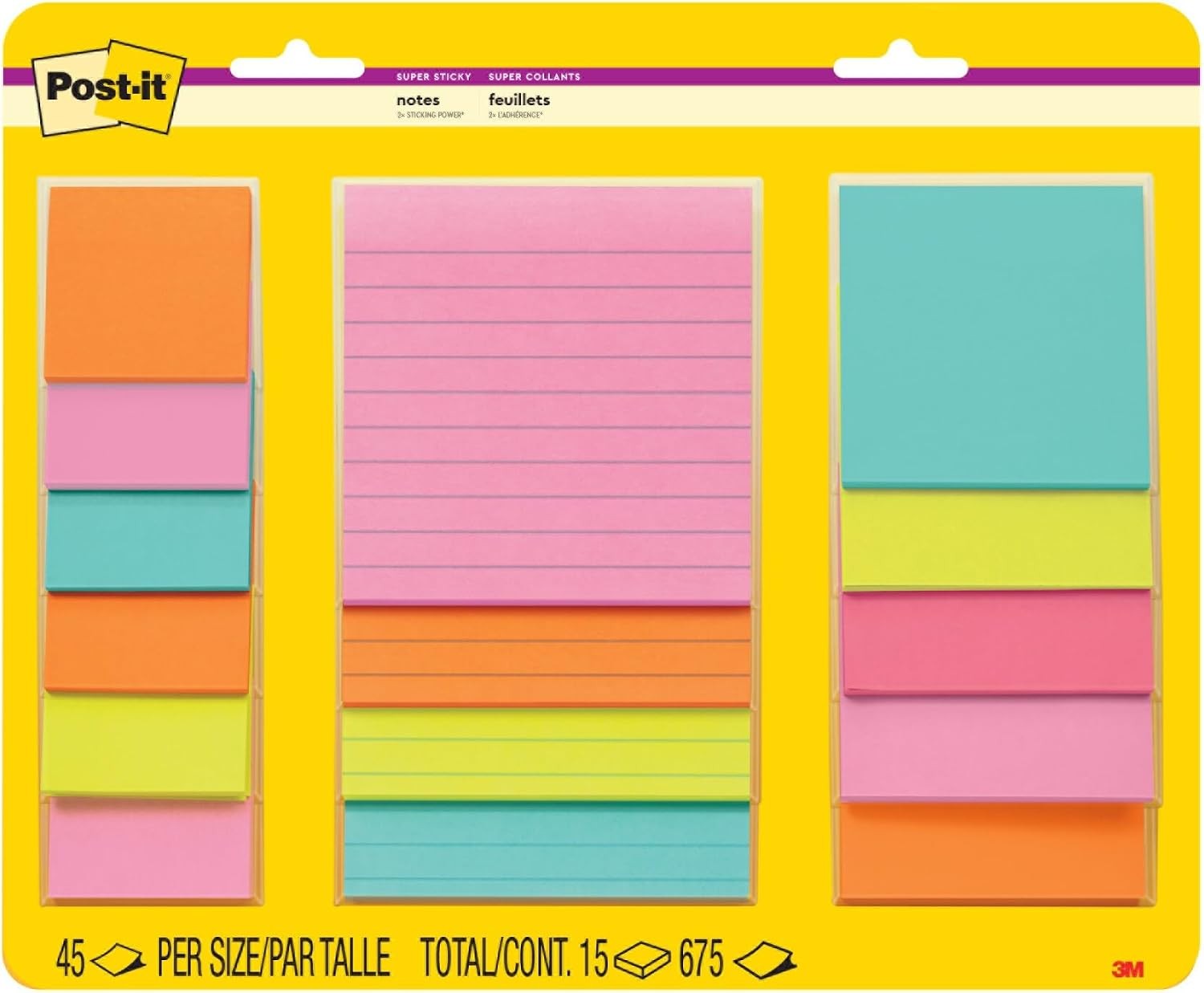 Post-it Super Sticky Notes, Multi-Size, Supernova Neons, 15 Pads