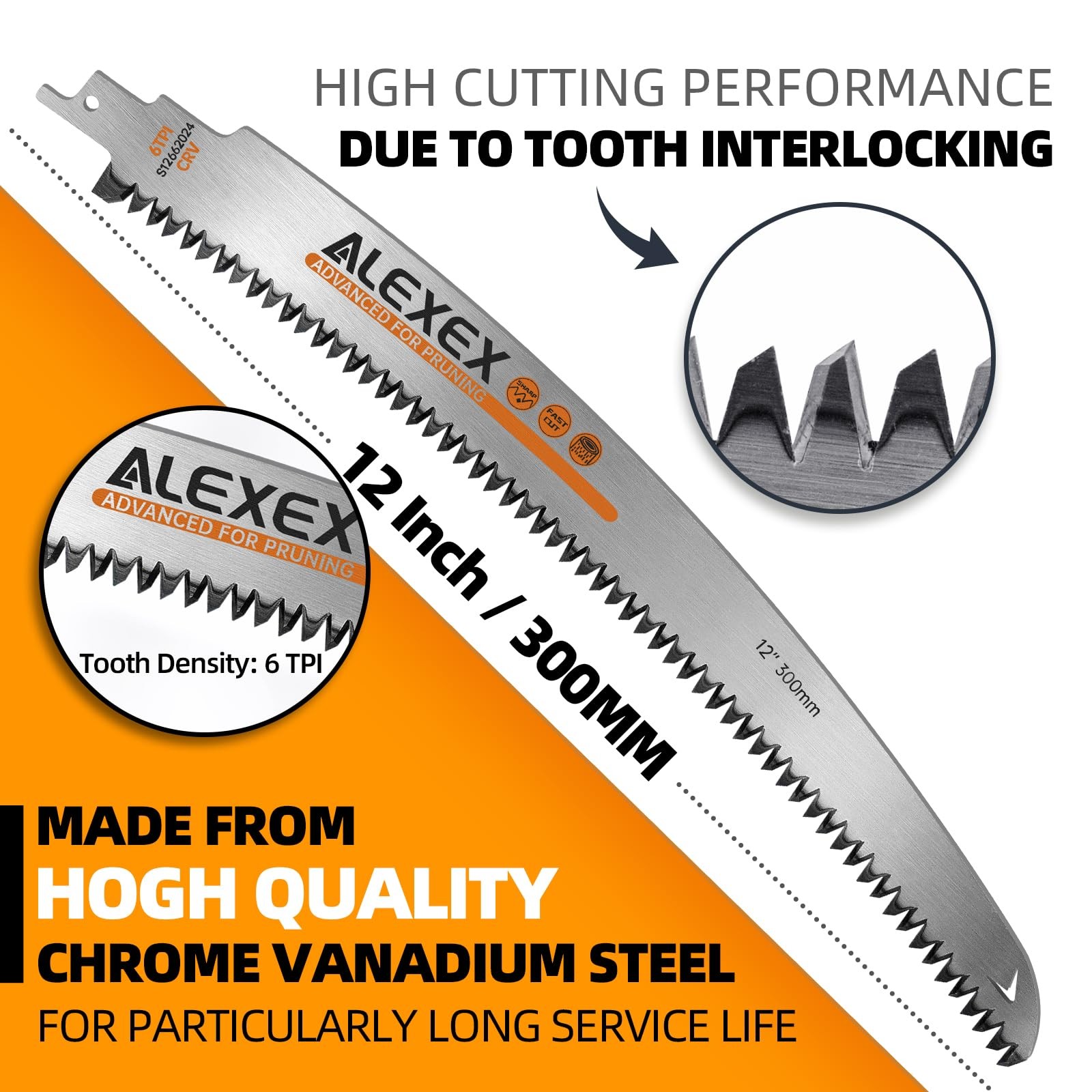 ALEXEX 6Pcs 12″ Japanese Teeth Reciprocating Saw Blades 12 Inch 6TPI, Silver