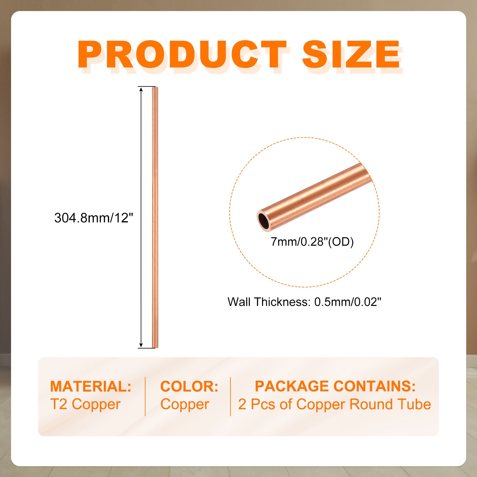 7mm OD x 0.5mm Wall Thickness x 300mm(11.8″) Length Copper Round Tube(2 Pcs)