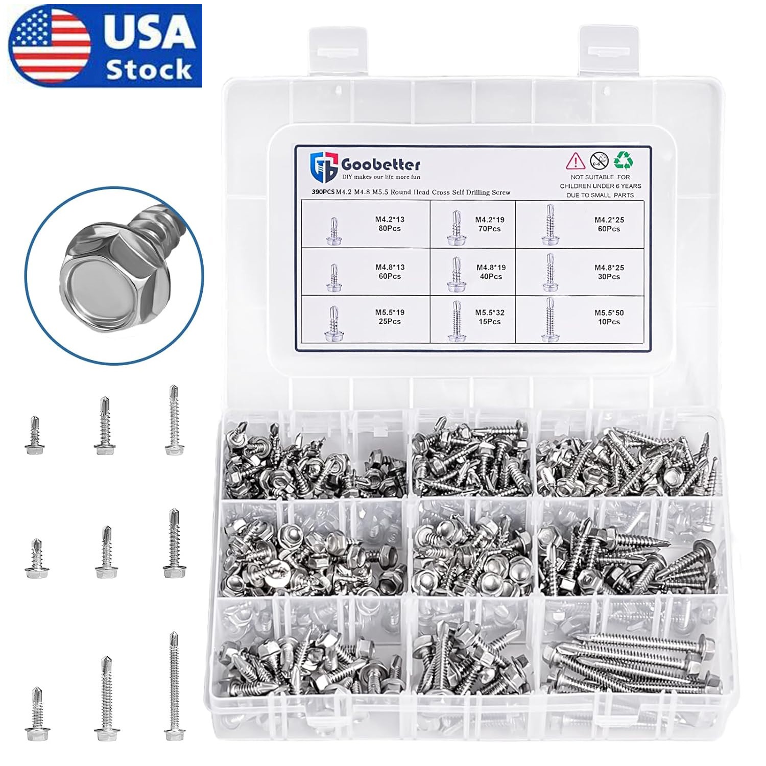 390PCS Hex Washer Head Self Drilling Sheet Metal Tek Screws 410 Stainless Steel