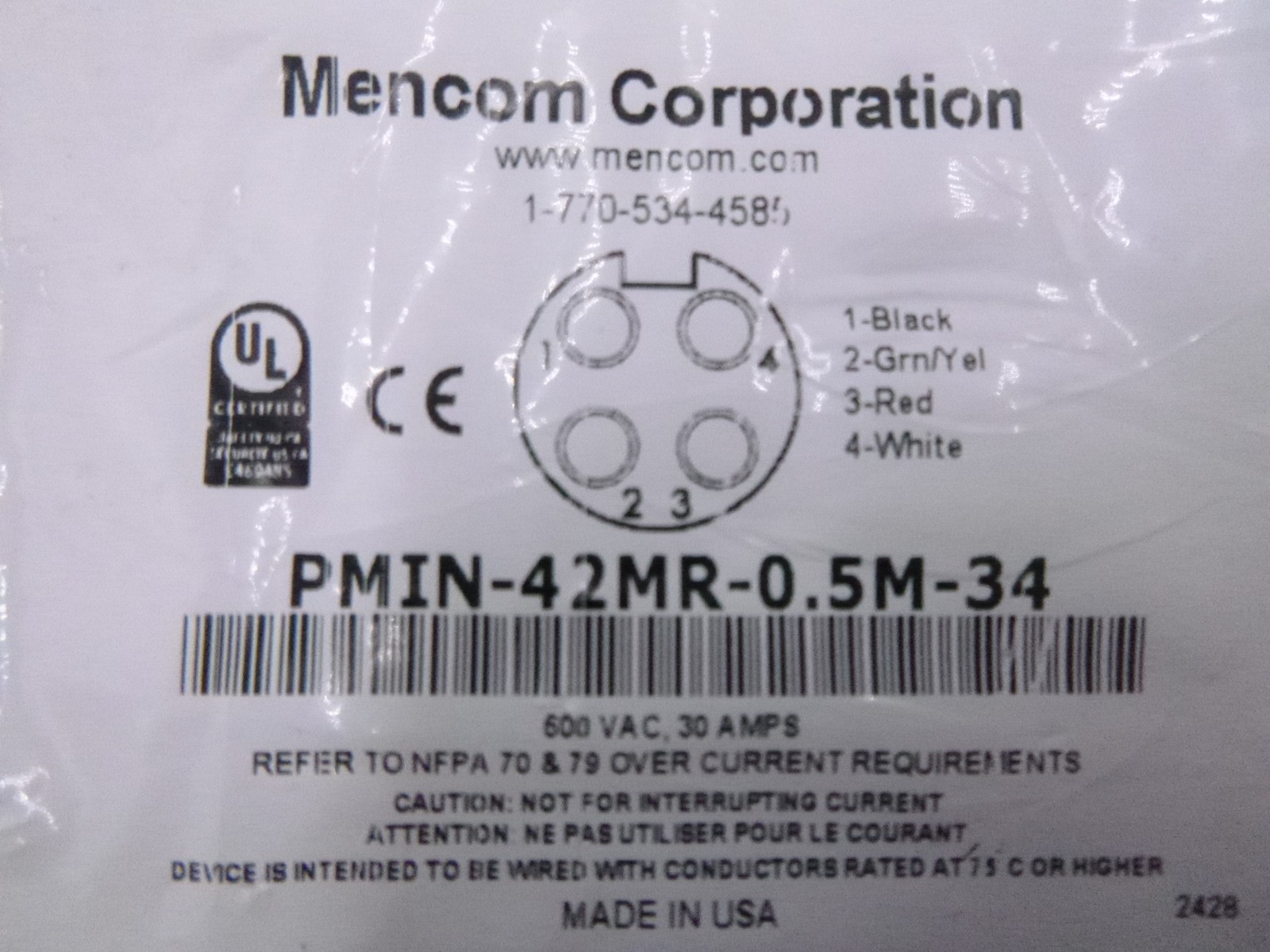 Mencom Corporation PMIN-42MR-0.5M-34 Cordset 600Vac 30Amps