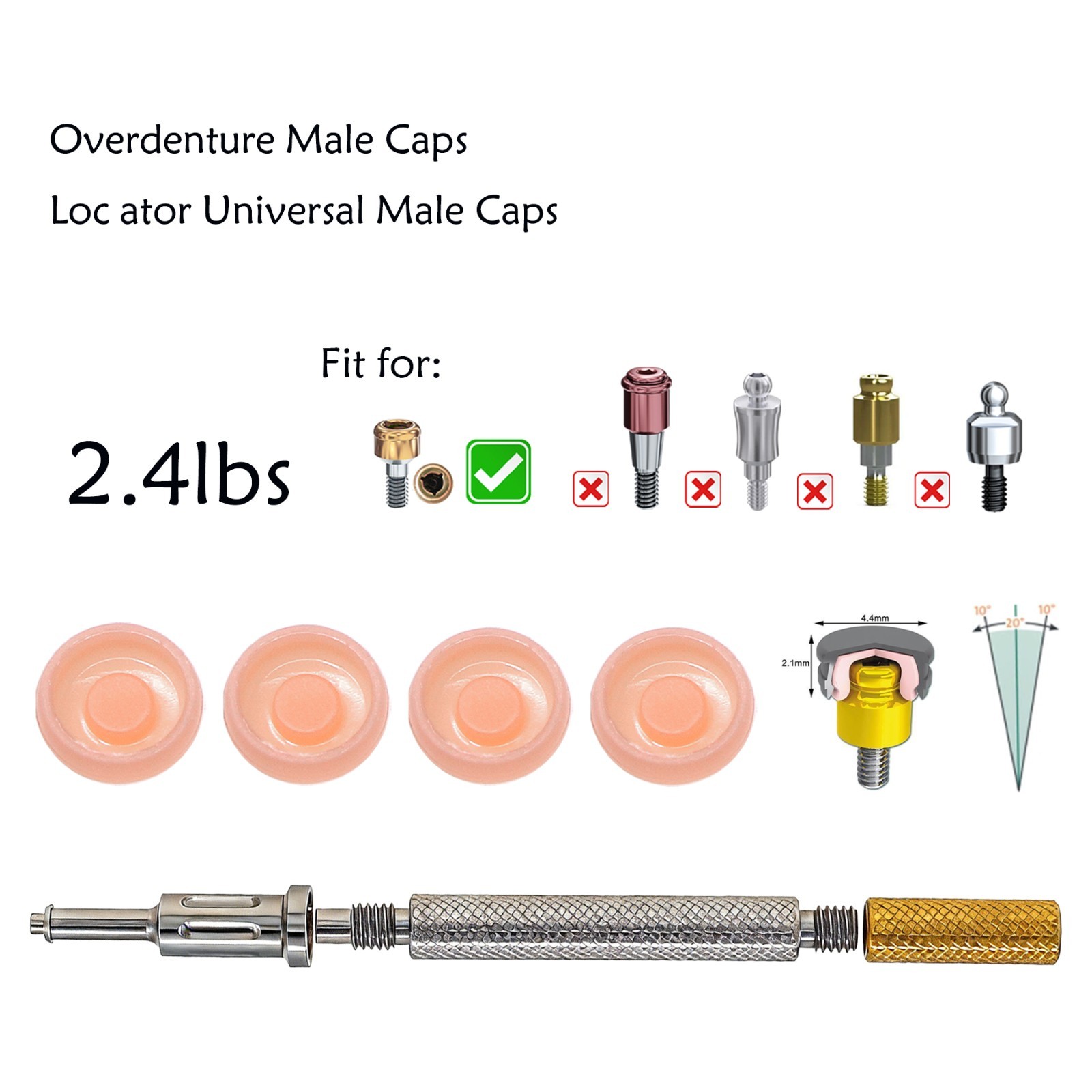 US Universal Dental Overdenture Implant Retention Caps 2.4lbs &Locator Core Tool