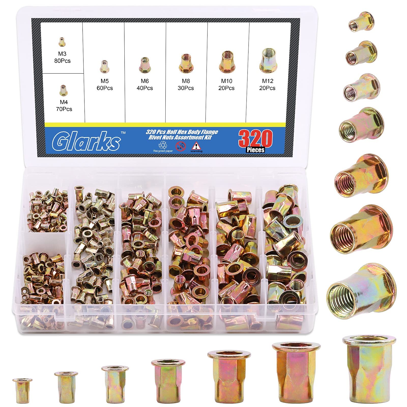 320Pcs M3 M4 M5 M6 M8 M10 M12 Half Hex Body Flange Rivet Nuts Assortment Kit,…