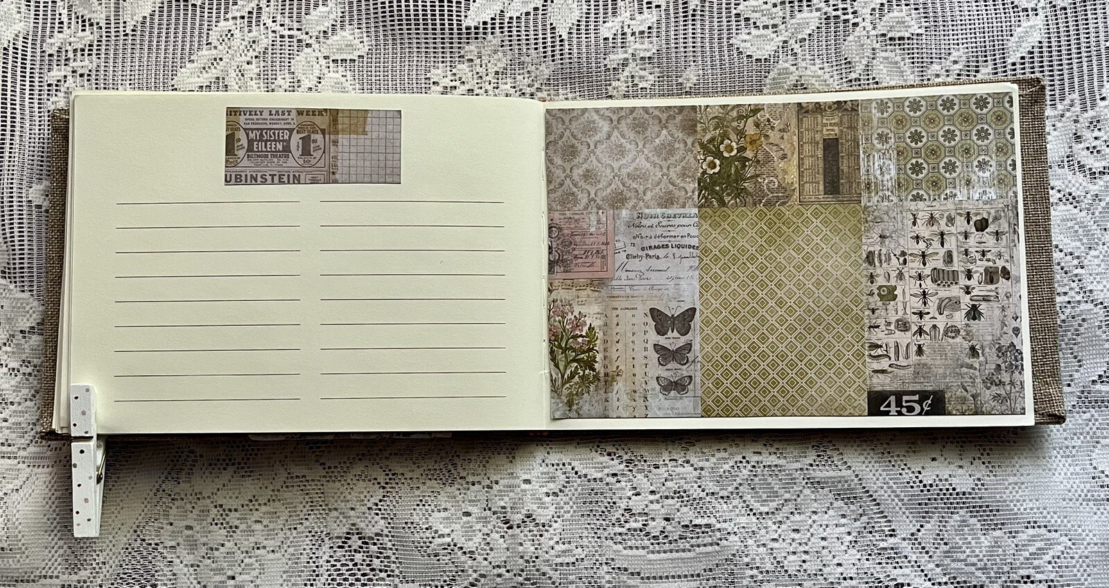 junk journal hand made canvas lace raffia bow 6 1/2 x 9 1/4 in. approx 80 pgs.