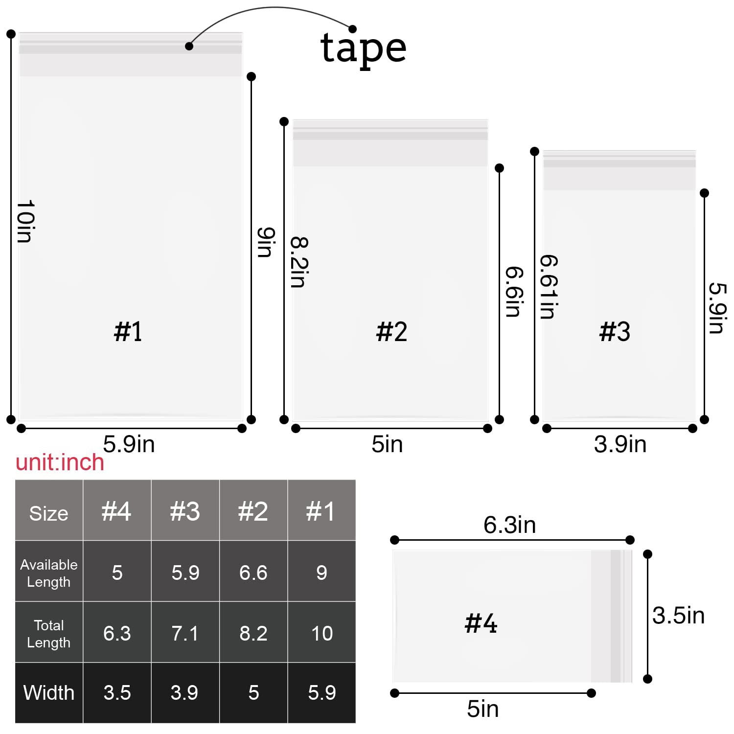950 PCS Clear Resealable Cellophane Bags 4 Sizes with 3.5×5，3.9×5.9, 5×6.6, 5…