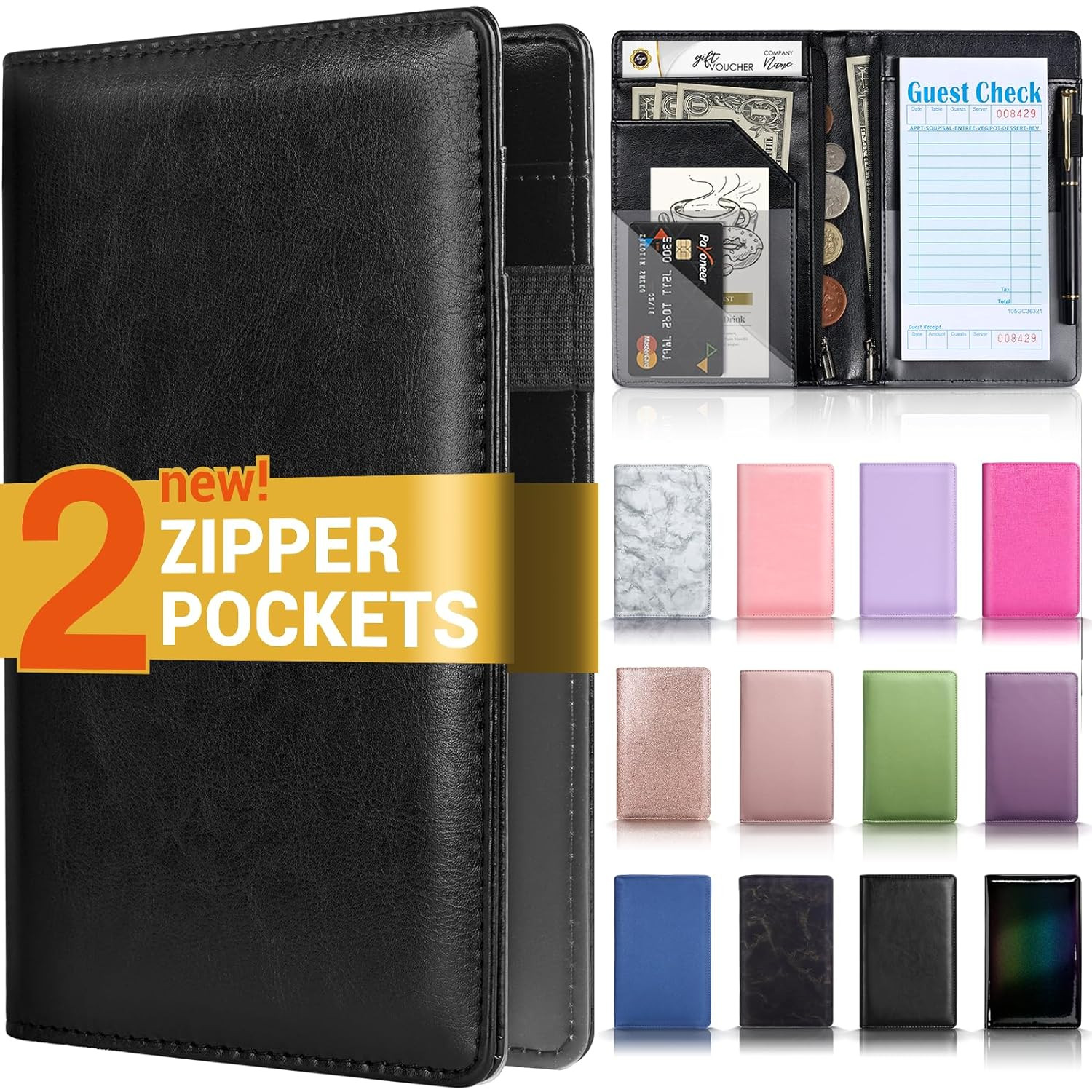 Server Book with 2 Zipper Pockets Leather Server Books for Waitress