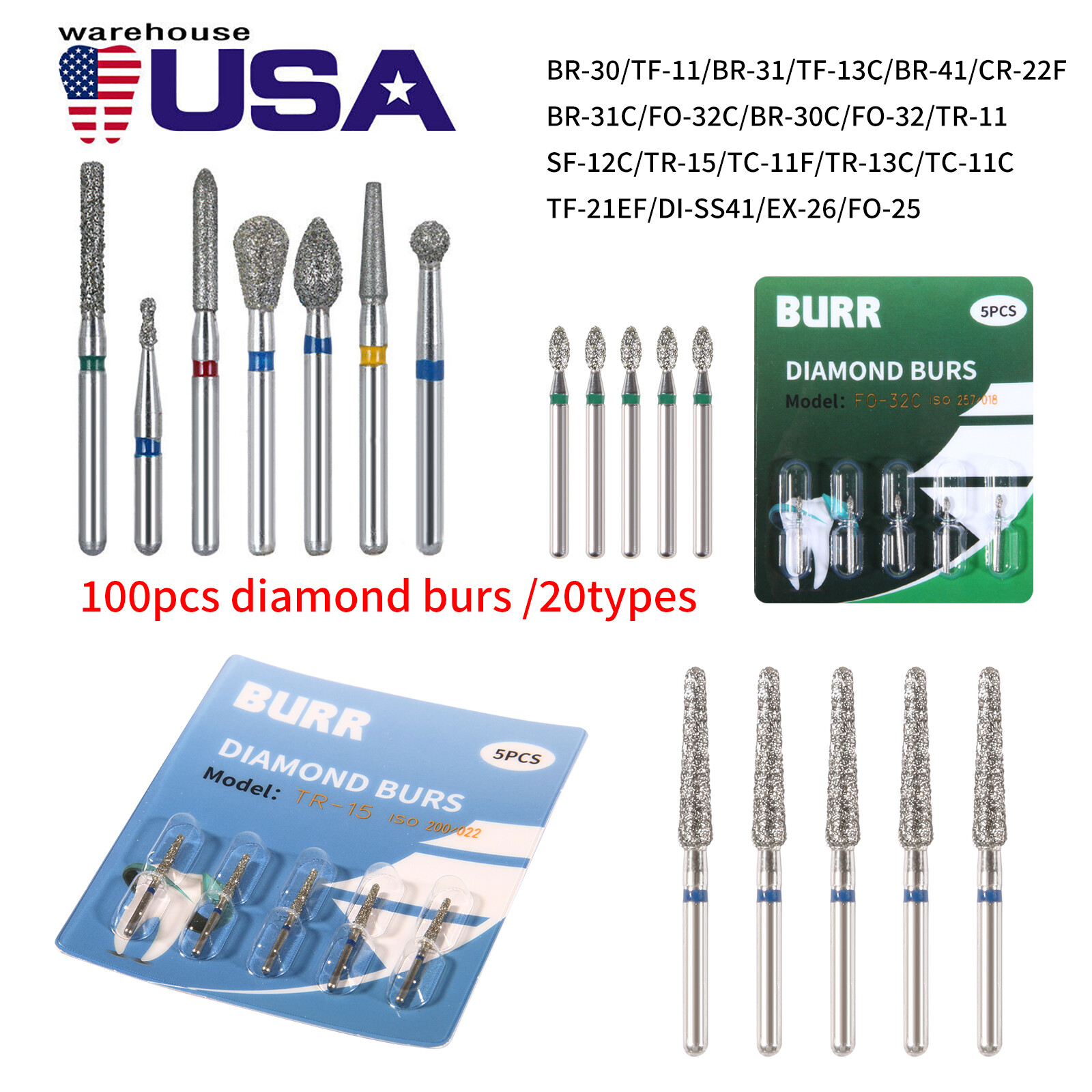US 100pcs Dental Diamond Burs Kit for High Speed Handpiece Medium FG 1.6MM