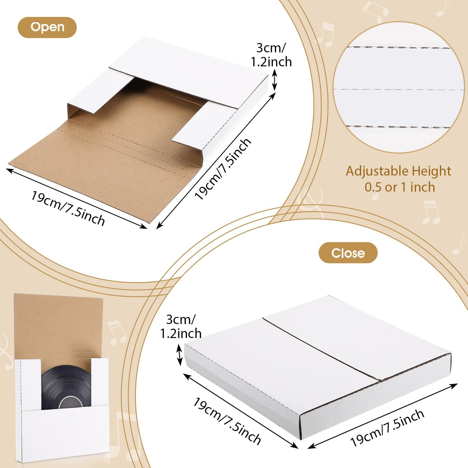 Fuutreo 100 Pack 7 Inch Vinyl Record Mailers Boxes 45 RPM Easy Fold LP White