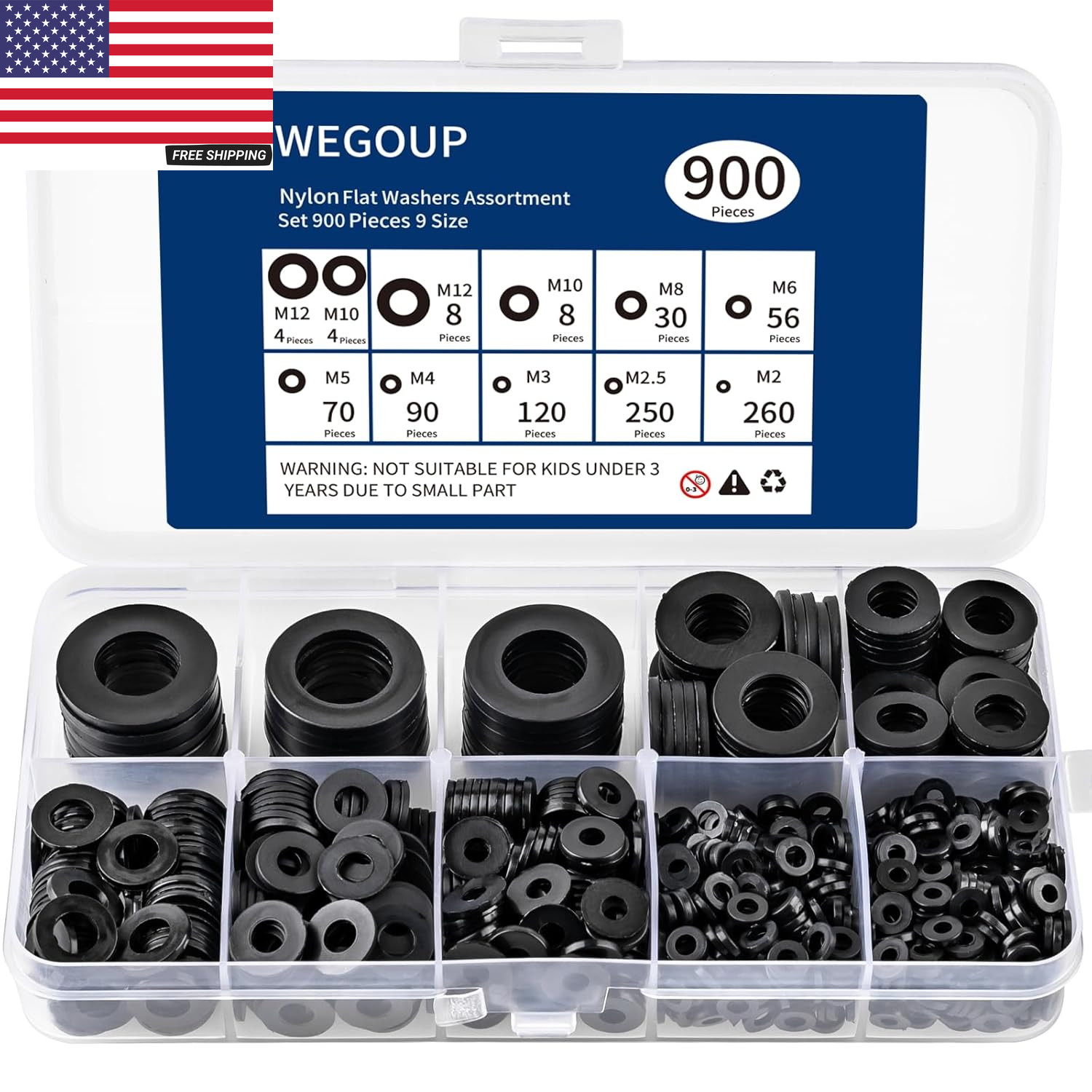 900-Piece Nylon Flat Washer Assortment Kit Black Plastic Flat Washers for Bolts