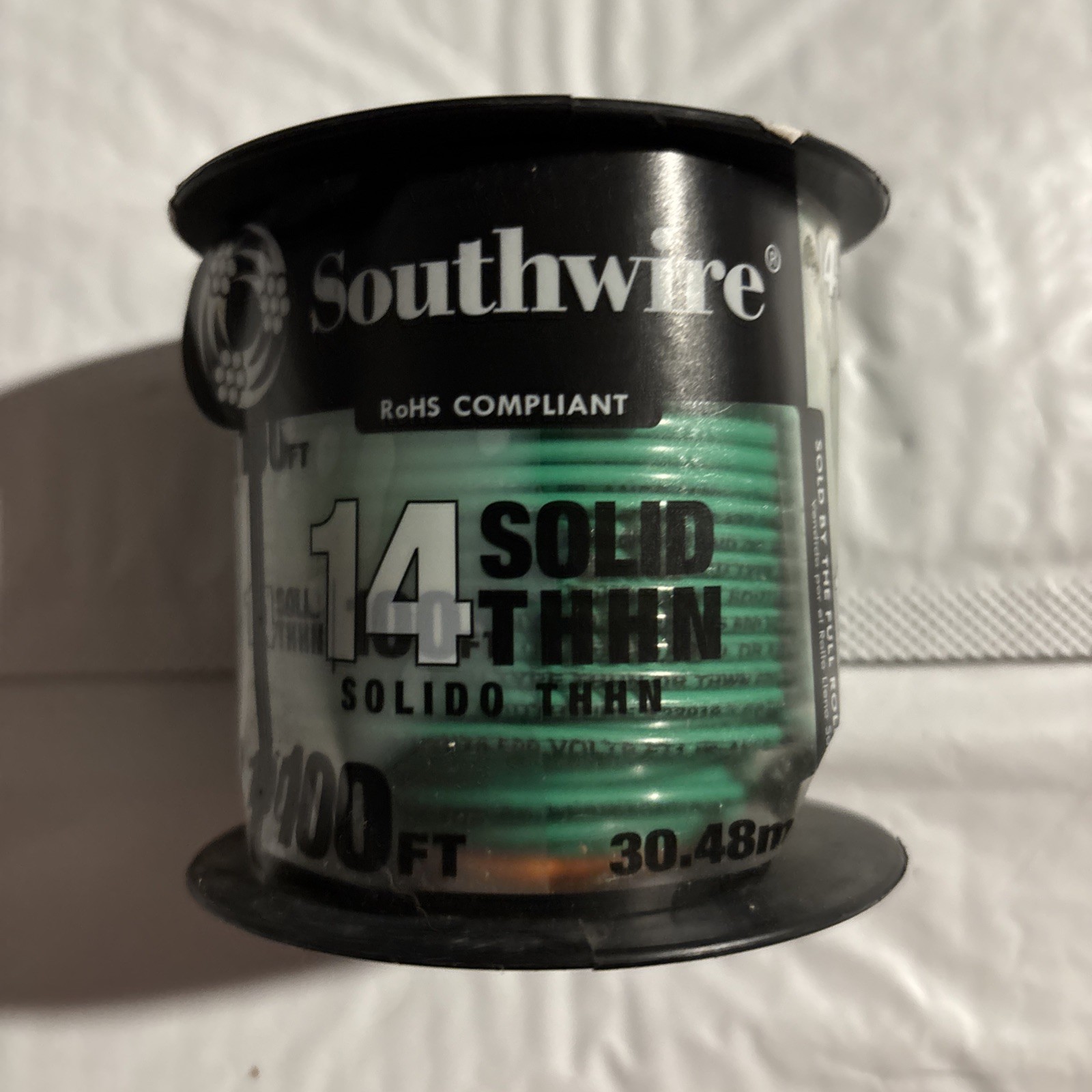 100 Feet 14 Awg Solid Copper THHN Wire (Green)