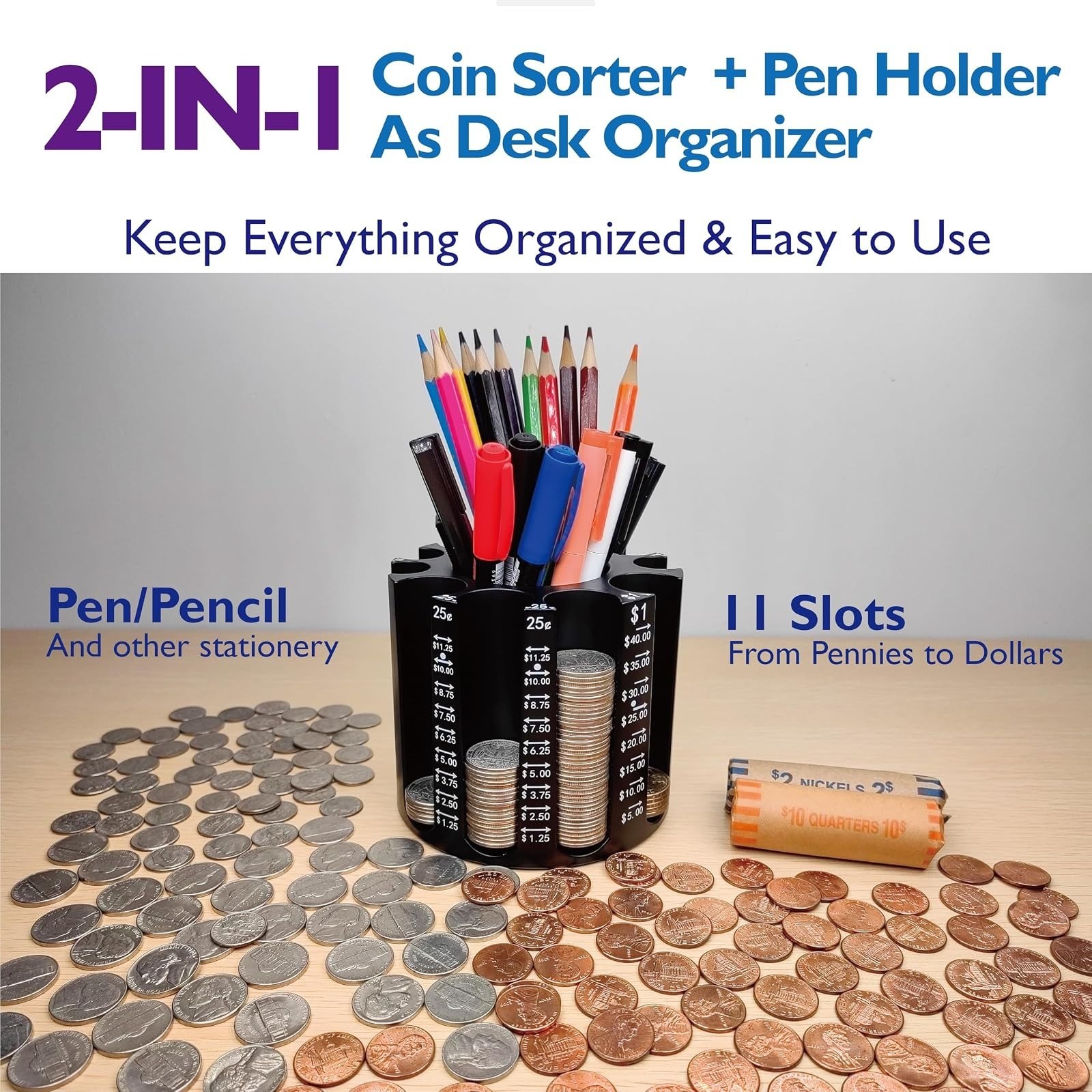 CO5IN1 Coin Sorter Pen Holder – 540pcs Capacity, 360° Rotatable