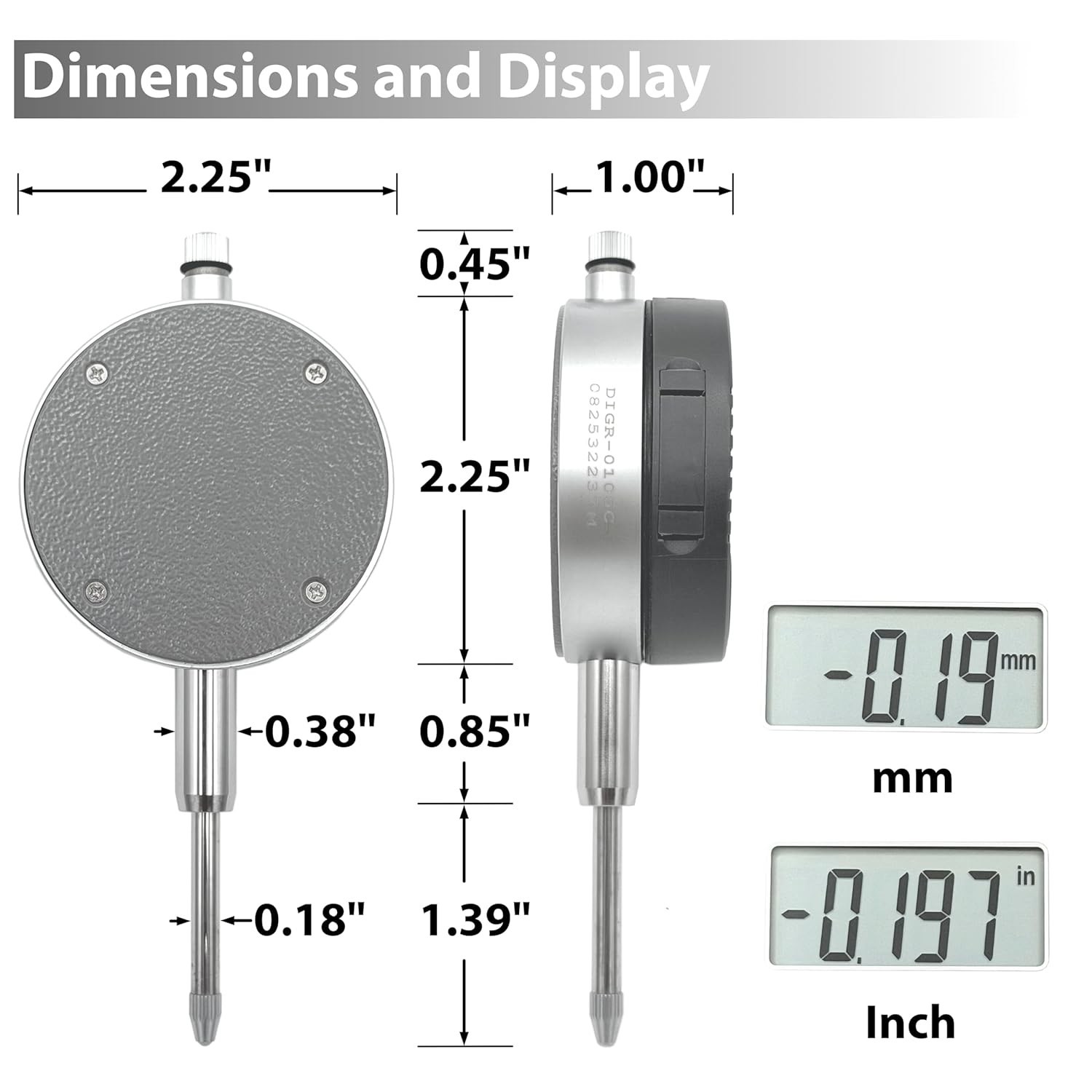 Clockwise Tools Digital Indicator, 0-1″/25.4mm DIGR-0105, Grey, Silver