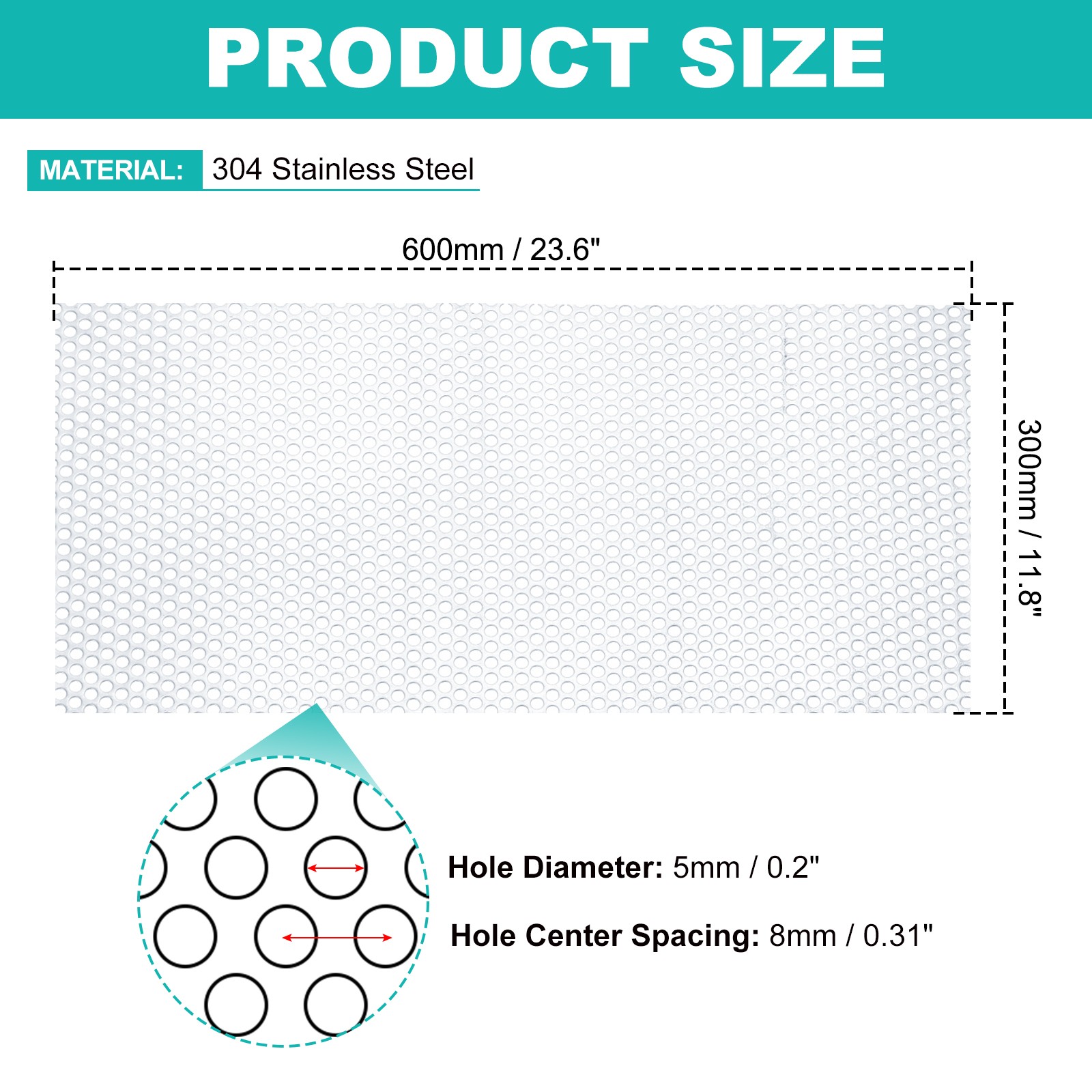 23.6″ x 11.8″ 304 Stainless Steel Perforated Sheet 0.2″ Hole 19GA Expanded Mesh
