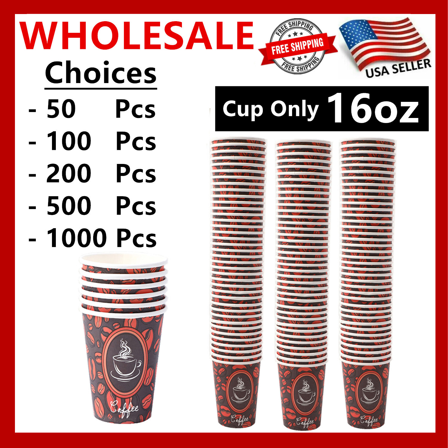 16oz Disposable Paper Cups Coffee Bean Design for Cold/Hot Drinking 50-1000 Pack