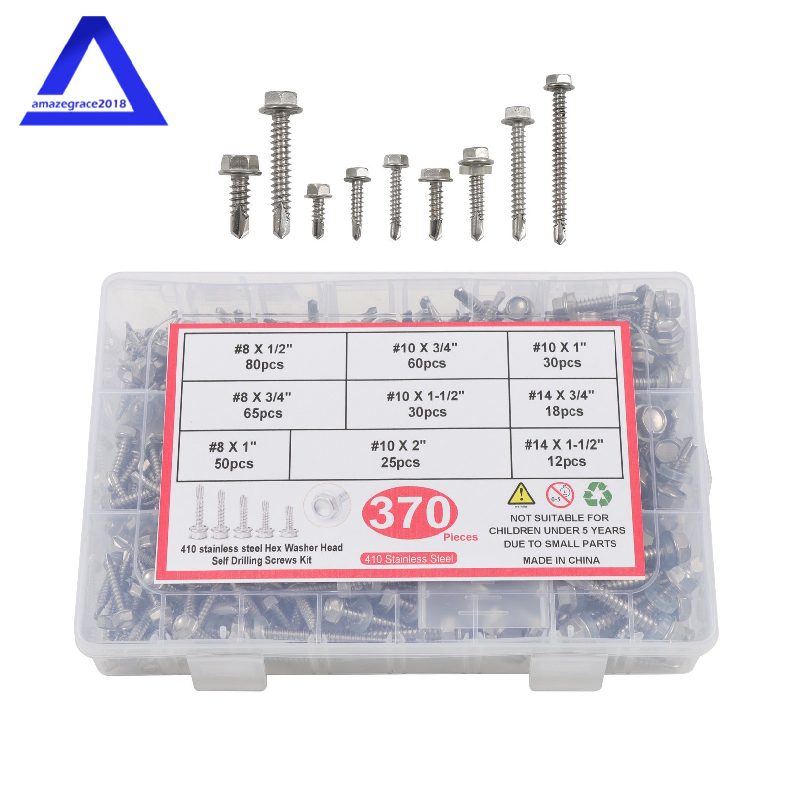 370PCS 410 Stainless Steel Self Drilling Screws Kits #8 #10 #14 Hex Washer Head
