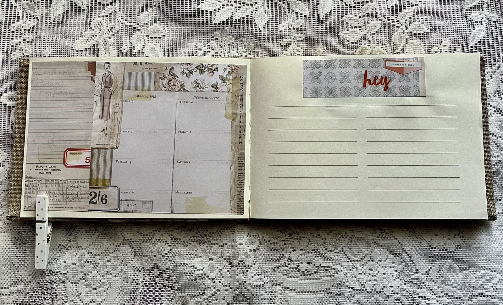 junk journal hand made canvas lace raffia bow 6 1/2 x 9 1/4 in. approx 80 pgs.