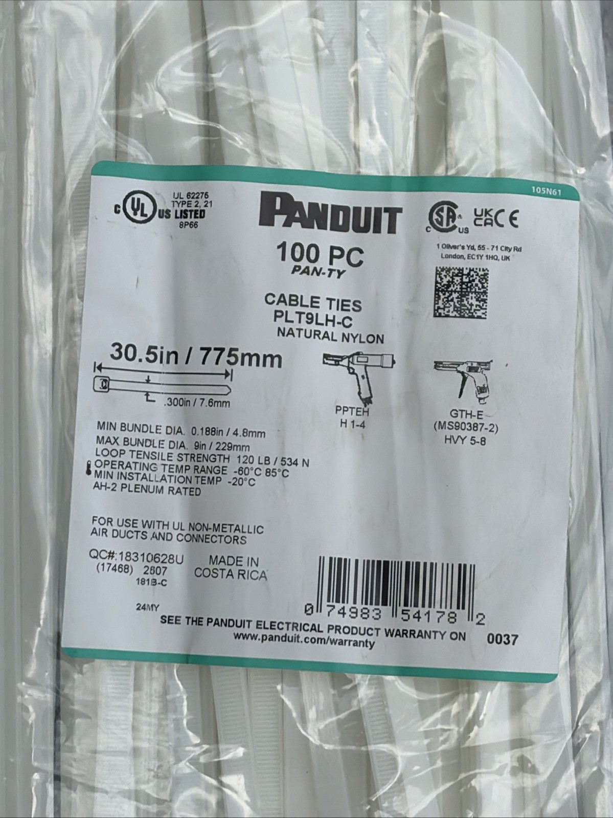 100 Panduit PAN-TY Cable Ties 30.5 inch Natural Nylon PLT9LH-C Bundle Of 100