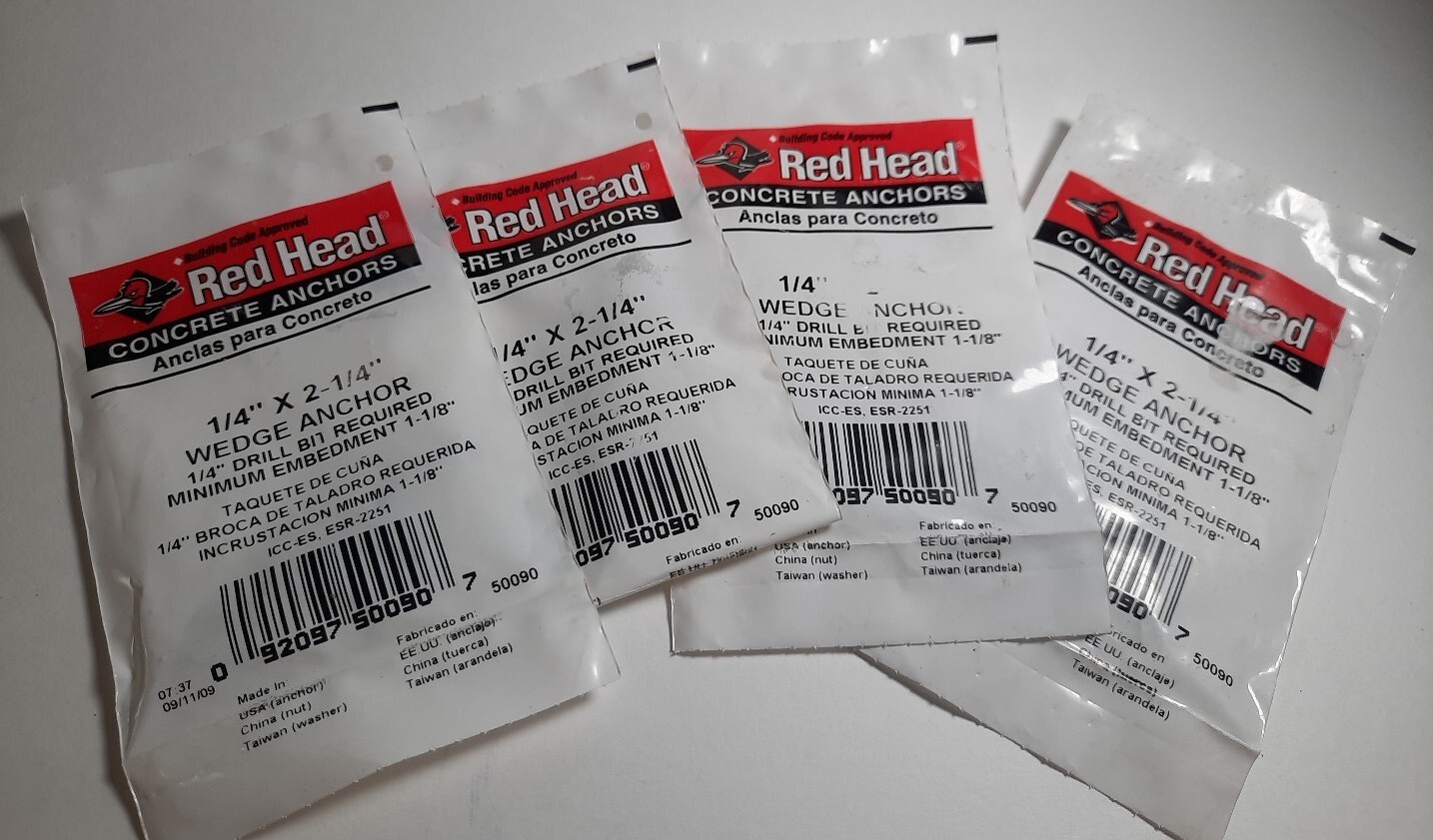 (4-Pk)RedHead 50090Wedge Anchors1/4 x 2-1/4″ Concrete Anchors Read Description