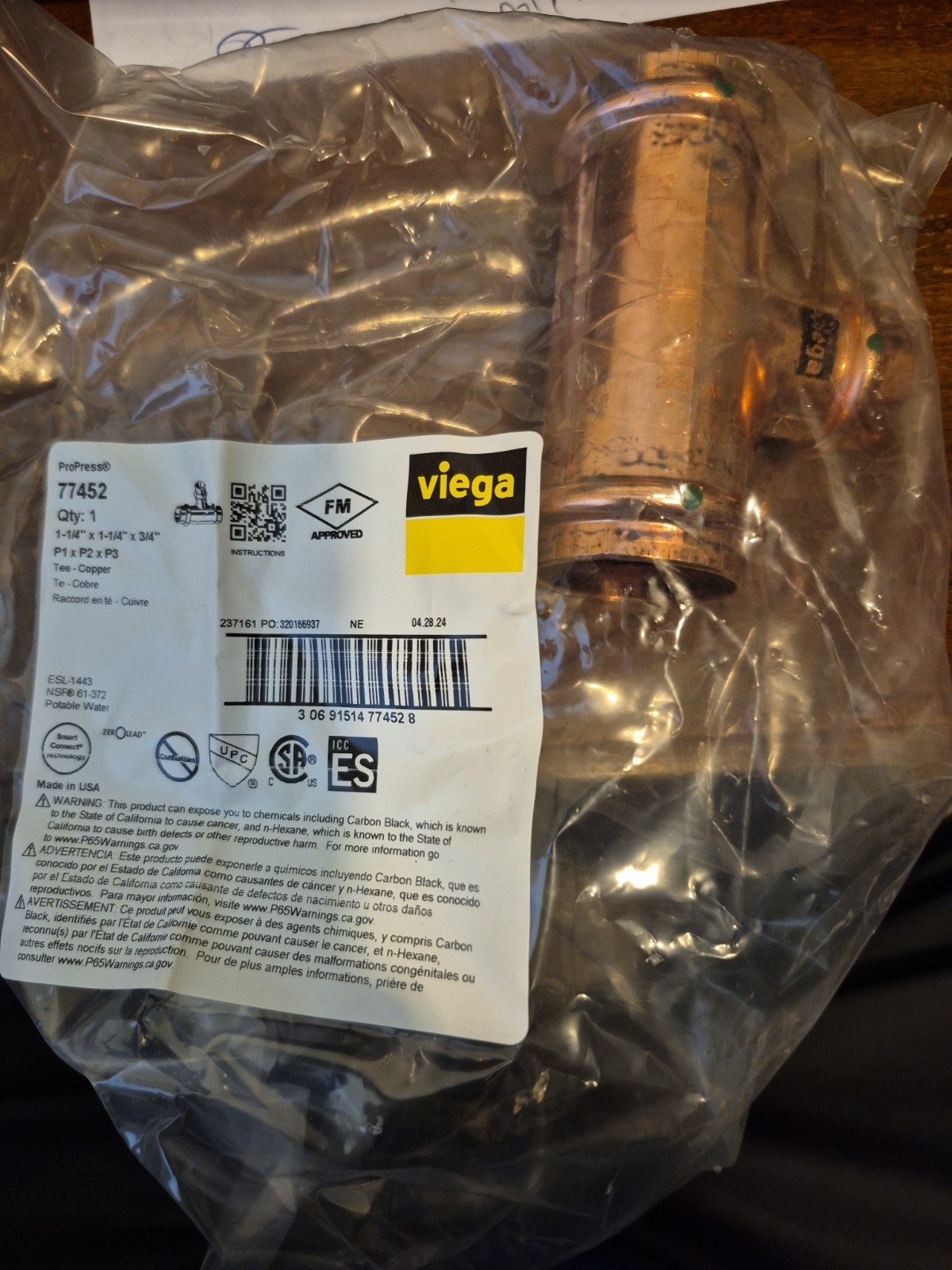 1-1/4” X 1-1/4” X 3/4” Viega Propress Copper Tee NEW IN PACKAGE
