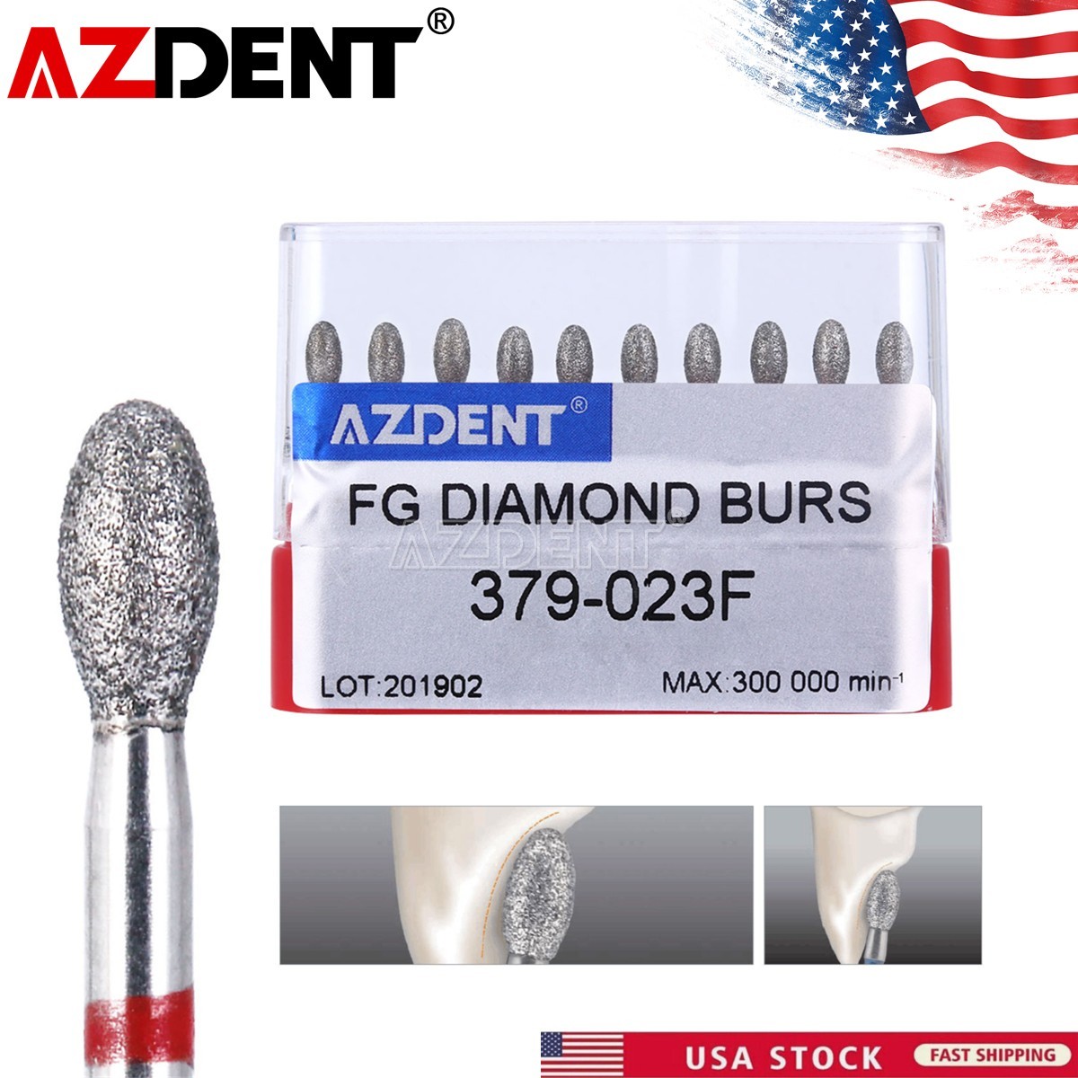 AZDENT Dental Diamond Burs FOOTBALL 379-023F FINE RED DEFEND Friction Grip 10 Pc