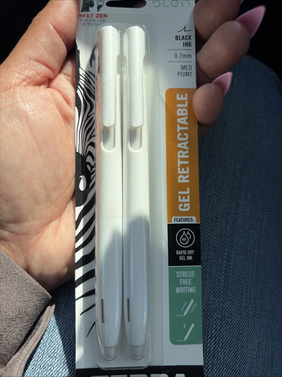 2-Pack Zebra bLen Retractable Gel Pen, White Barrel, Medium Point, 0.7mm, Black