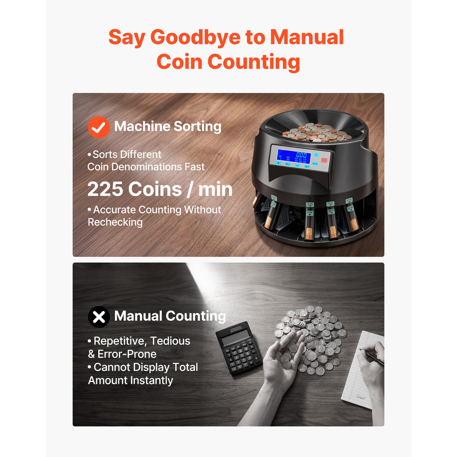 Uimoso Automatic Coin Counter & Sorter,5Denominations,225 Coins/Min, LCD Display