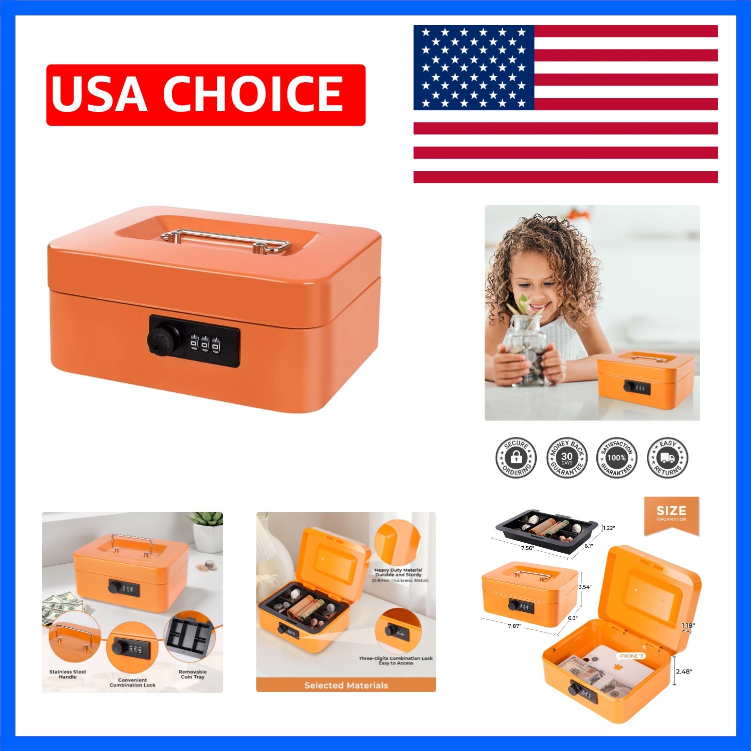 Cash Box with Money Tray and Combination Lock Metal Money Box Change Lock Box…