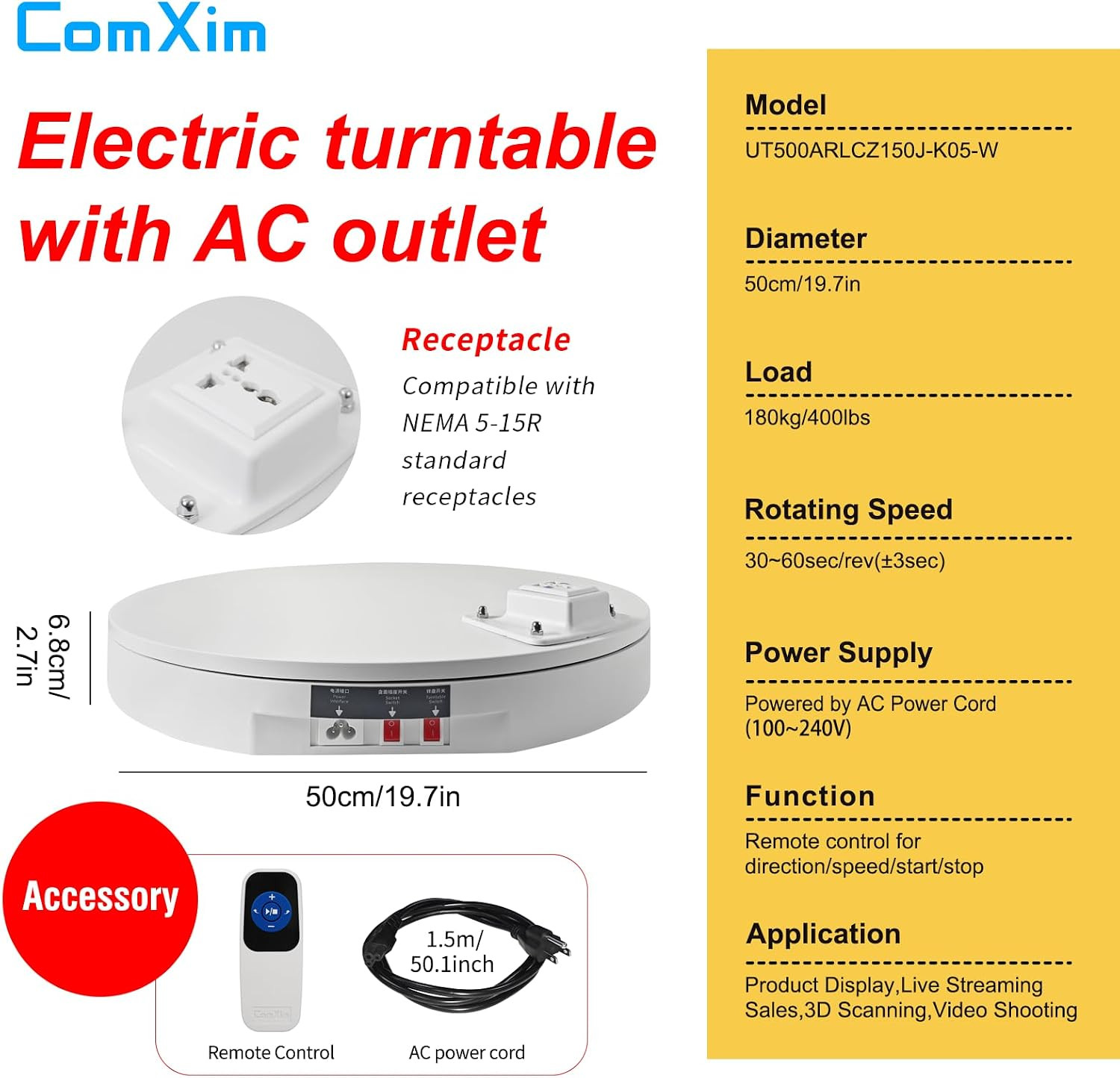 19.7In/50Cm Large Motorized Rotating Display Stand,400Lb Capacity Electric Rotar