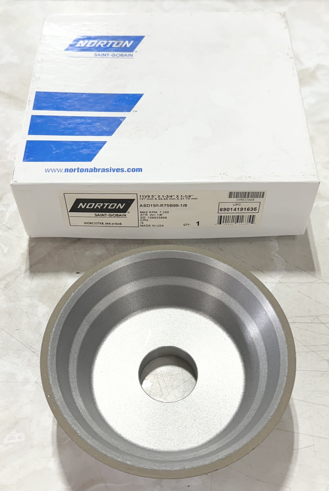 Norton 5″ x 1-3/4″ x 1-1/4″ Diamond Wheel Resin Bond 11V9 Flaring Cup 150 Grit