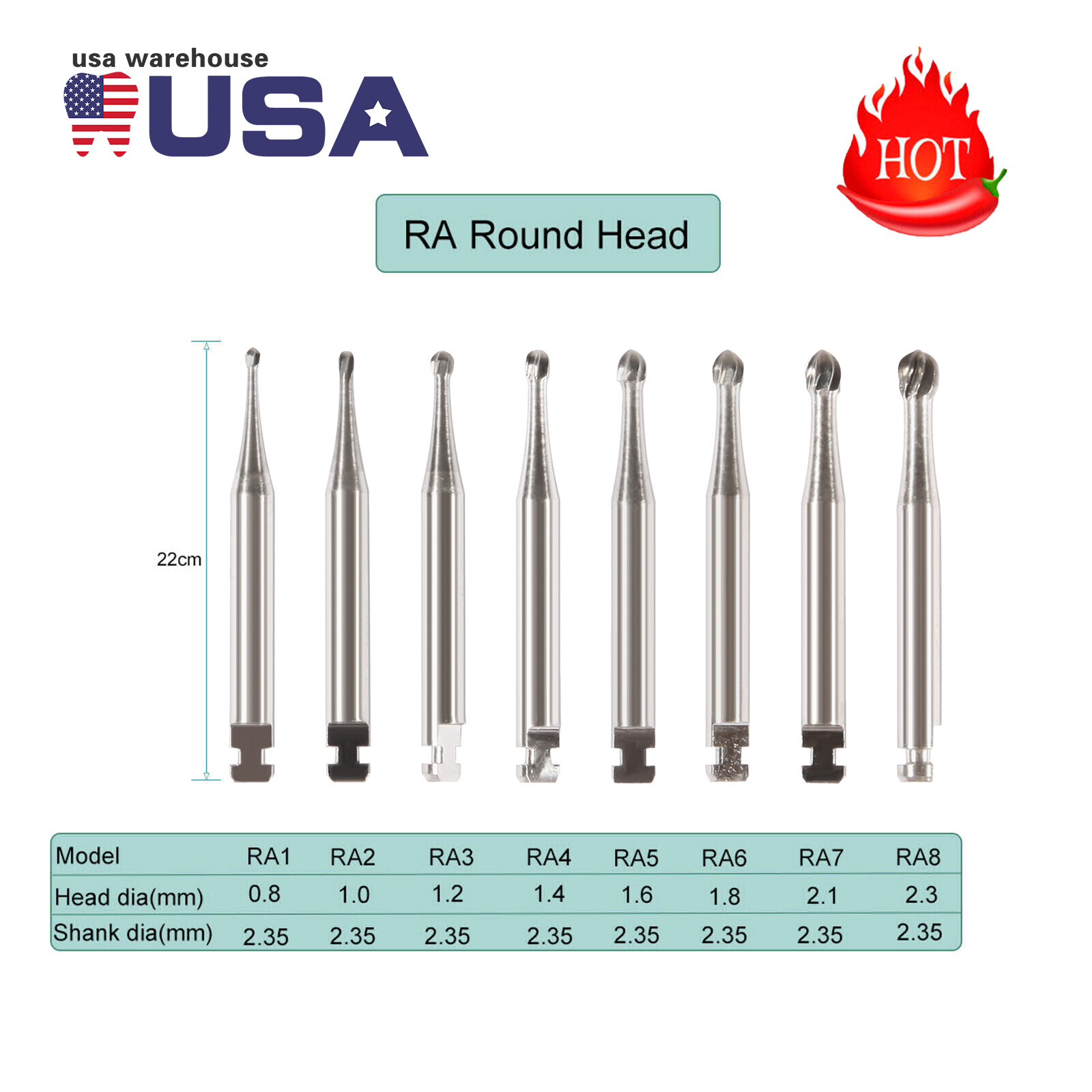 5 Pcs/Pack Dental RA Round Carbide Bur For Slow Speed Latch Type RA 1#- RA 8#