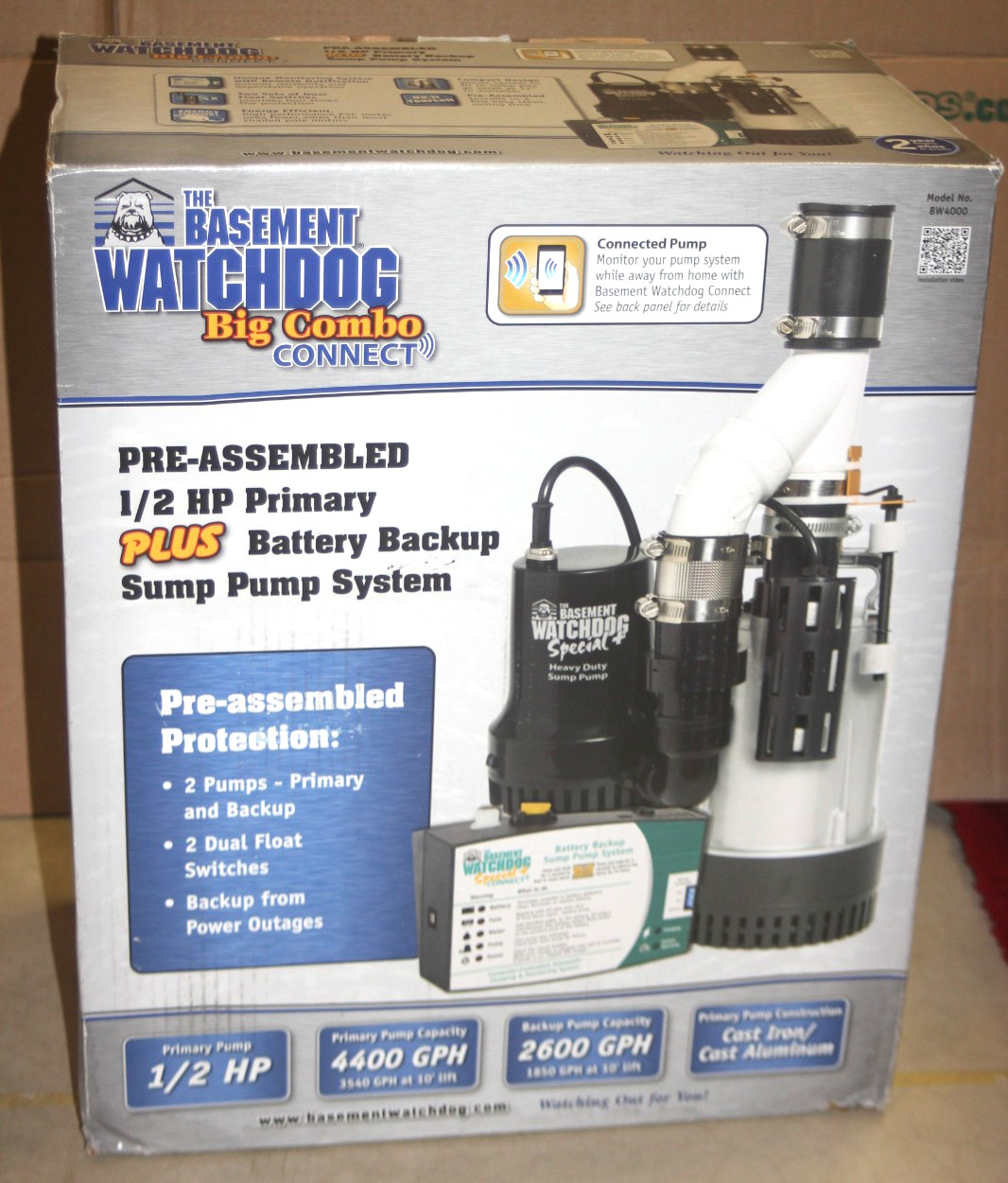 NEW BASEMENT WATCHDOG BW4000 1/2 HP Combination Submersible Sump Pump w Back Up