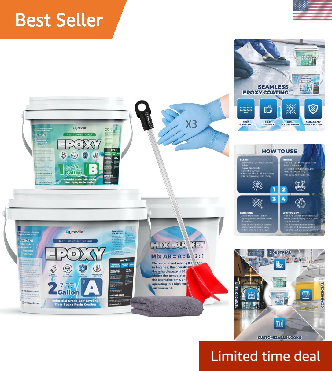 3 Gallon 100% Solids Industrial Epoxy Floor Coating Kit – Self-Leveling, High…