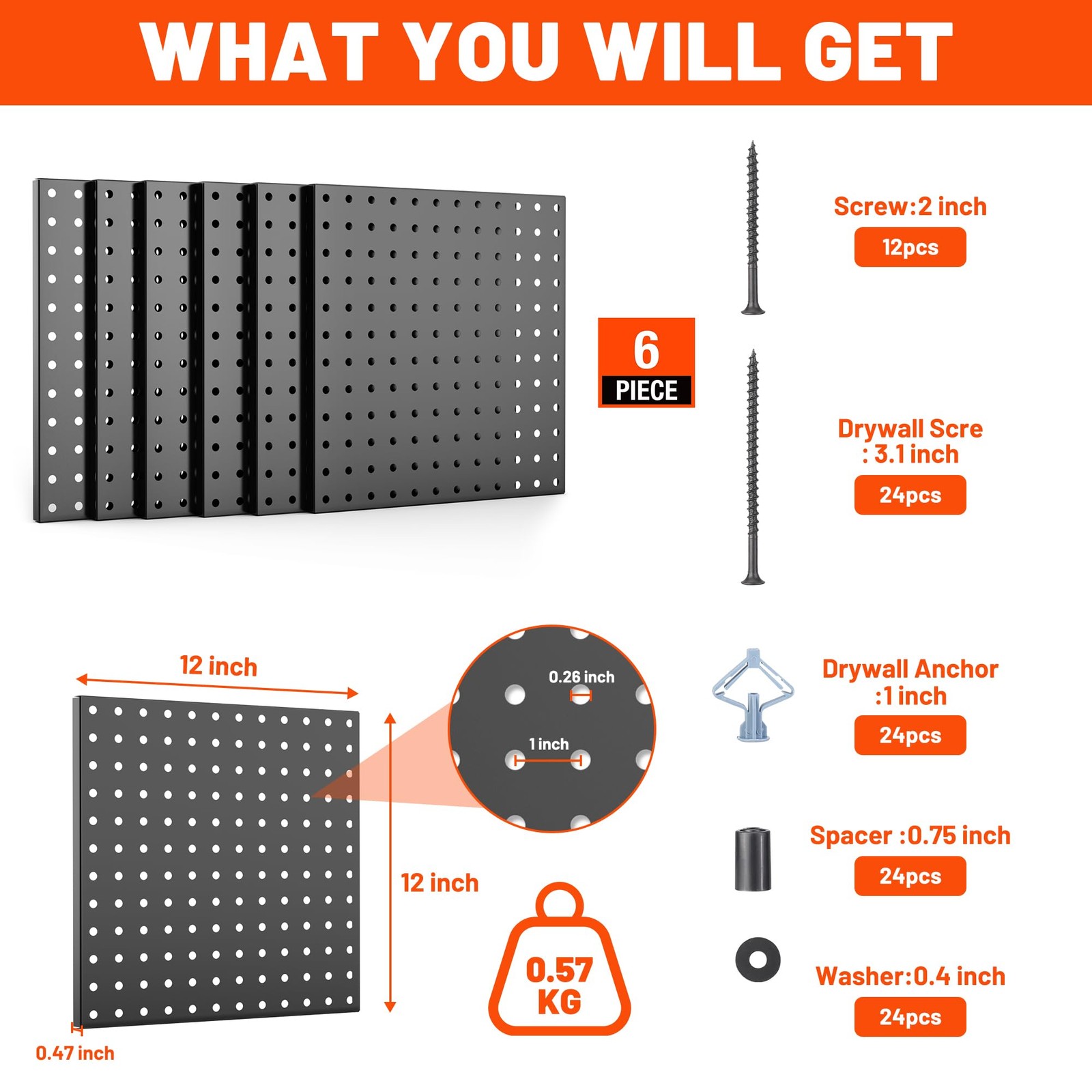 Metal Pegboard Panels 6 Pack 12×12 Inch Heavy Duty Black Wall Organizer