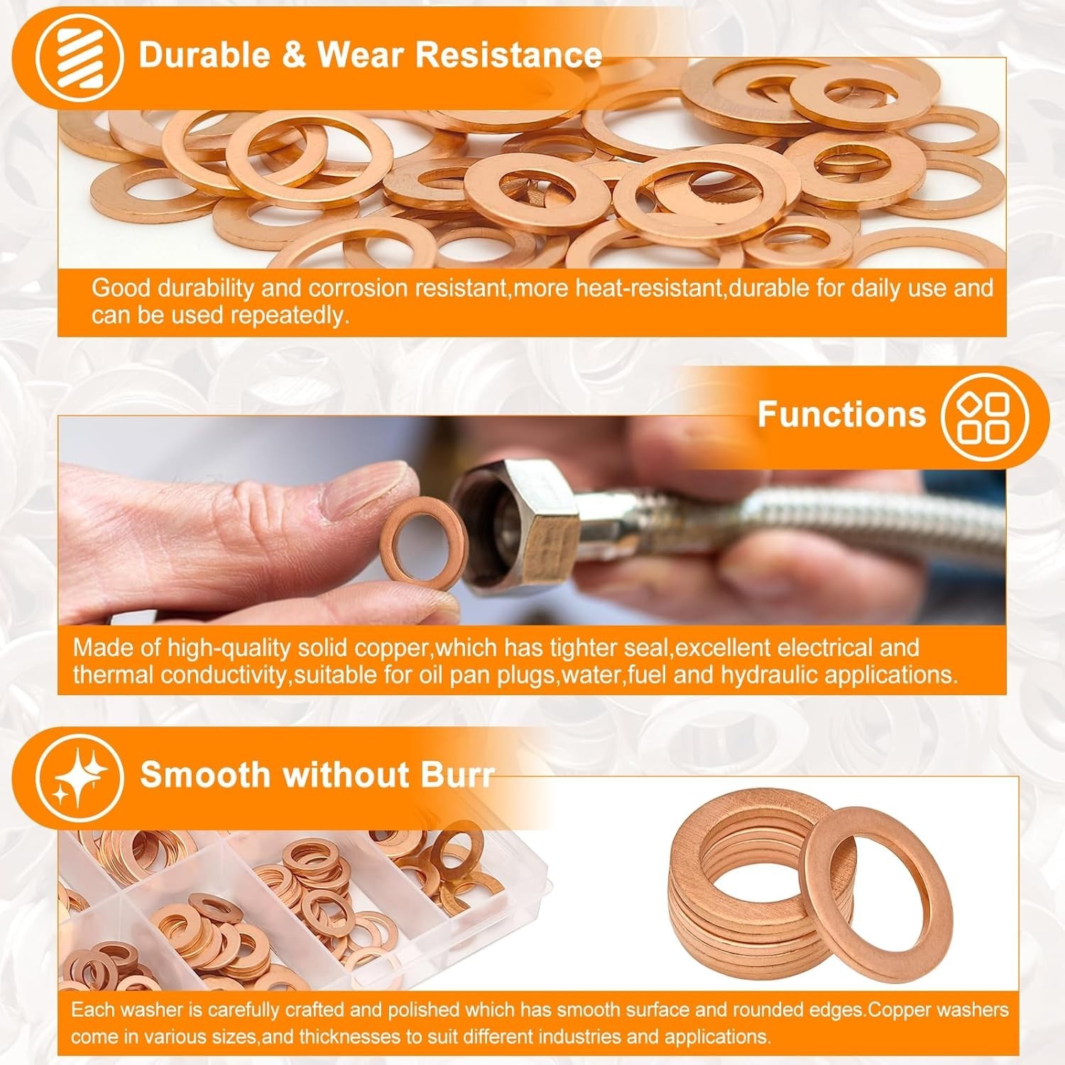 200pcs 9 Sizes Copper Metric Sealing Crush Washers Assortment Kit,Flat Seali…